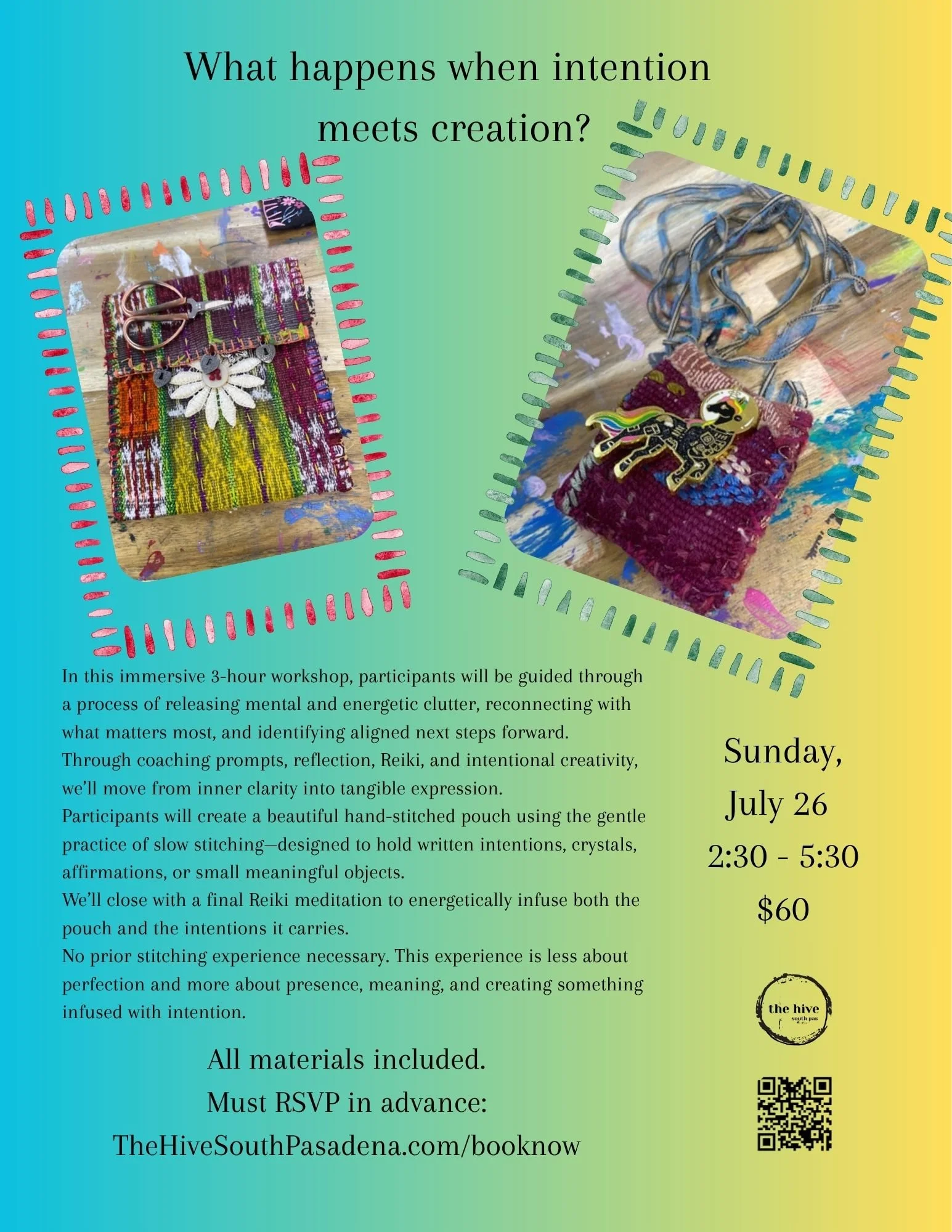 sewing reiki slow stitching stitch art make and take the hive south pasadena arts crafts teens adults events makers makings
