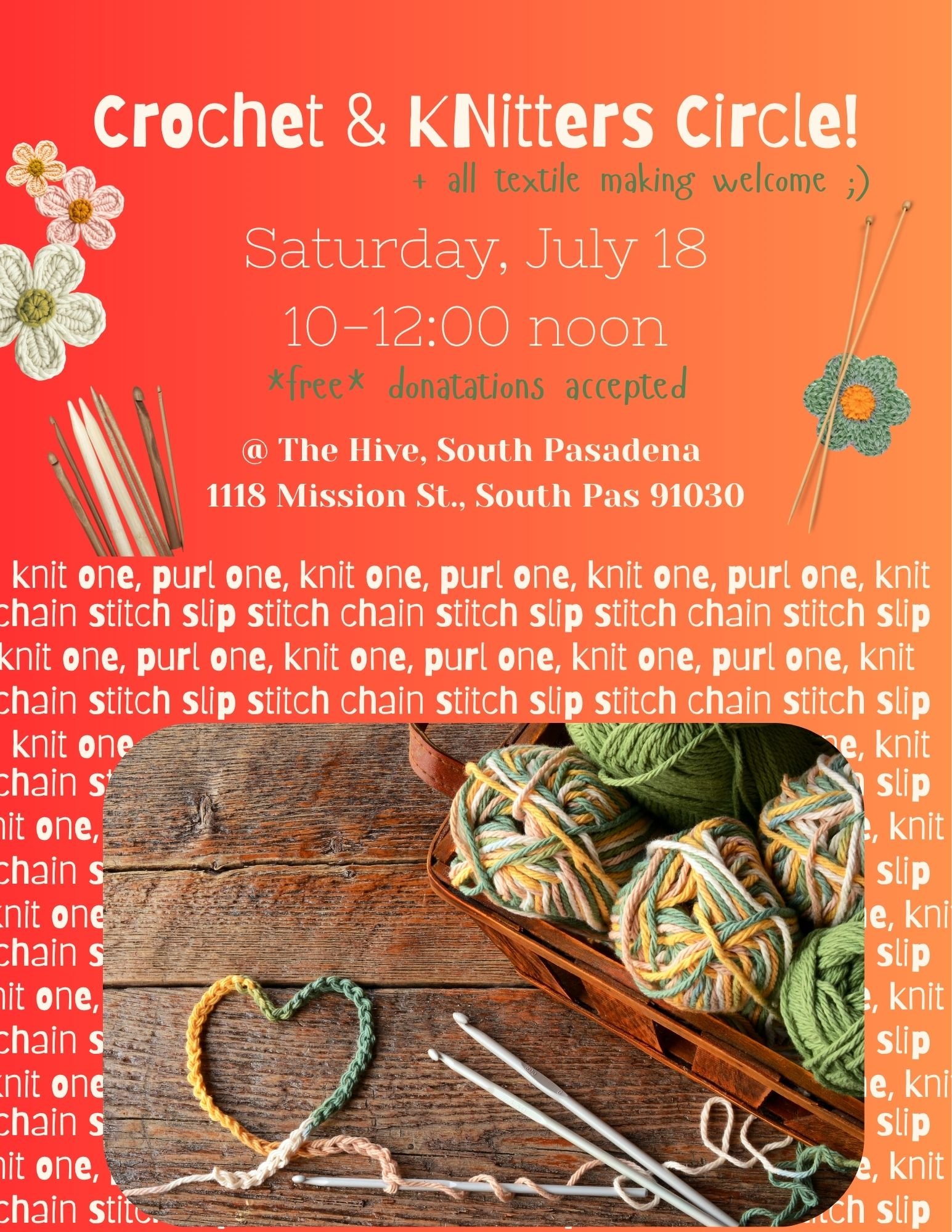knit knitters knitting sewing crochet slow stitching stitch art make and take the hive south pasadena arts crafts teens adults events makers makings
