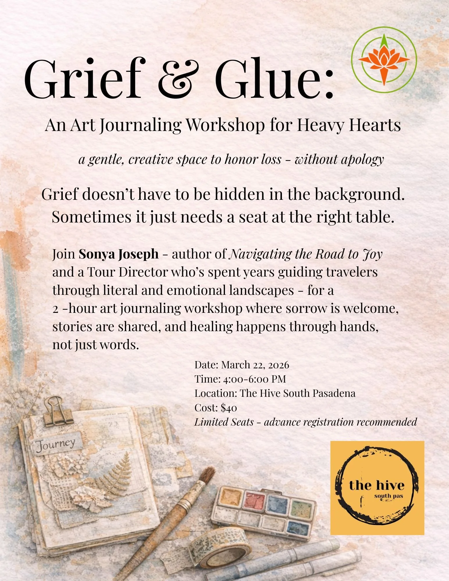 grief healing art journaling sonya Joseph the hive south pasadena arts and crafts make and take collage paint