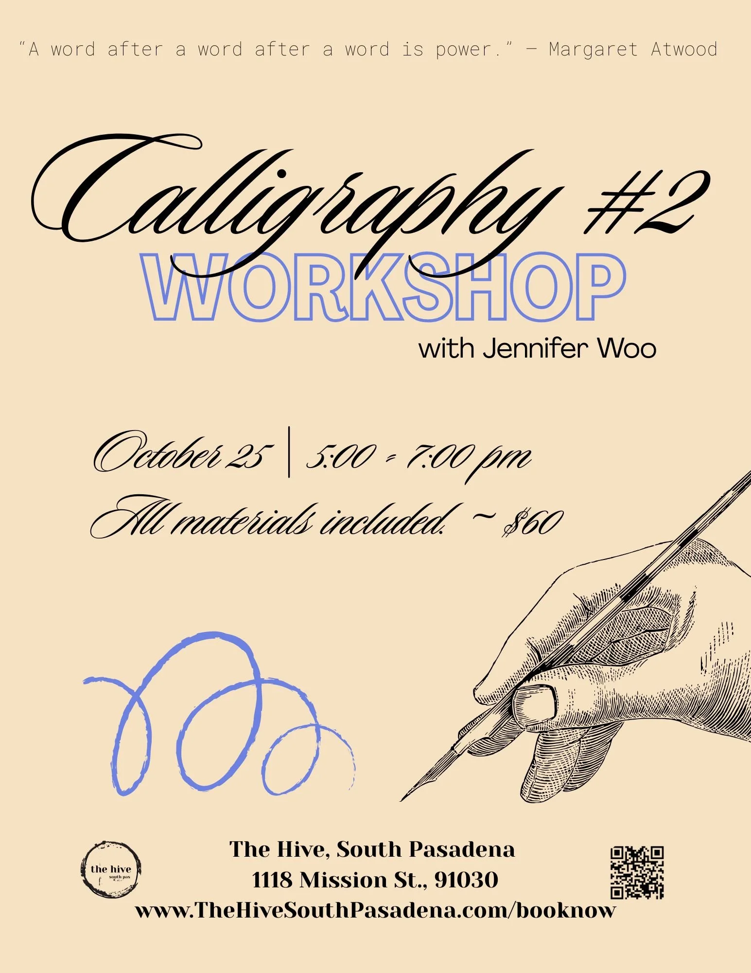 calligraphy writing workshop penmanship cursive jennifer woo the hive south pasadena alhambra pasadena highland park makers events adults teens arts and crafts