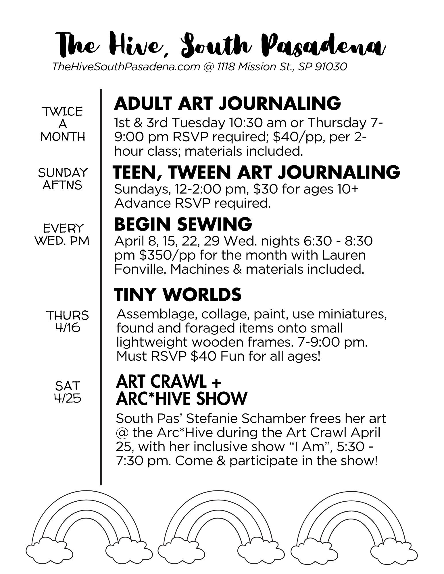 the hive south pasadena wine & song watercolor classes learn to paint workshop intention boxes makeup class soul collage book launch sewing art journaling Art Crawl begin make & take events makers adults teens tweens decoupage assemblage