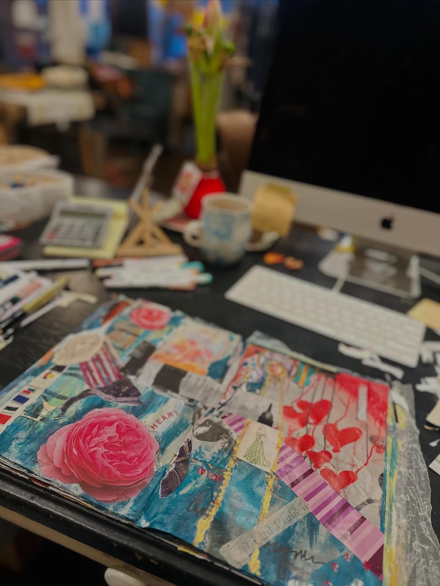 Still going. 

Did today&rsquo;s journaling at my desk in the shop this afternoon since my morning rning was on the run. 

Full house for Saul collage class was going on in the other room and I could feel their energy &mdash; plus I listened to fathe