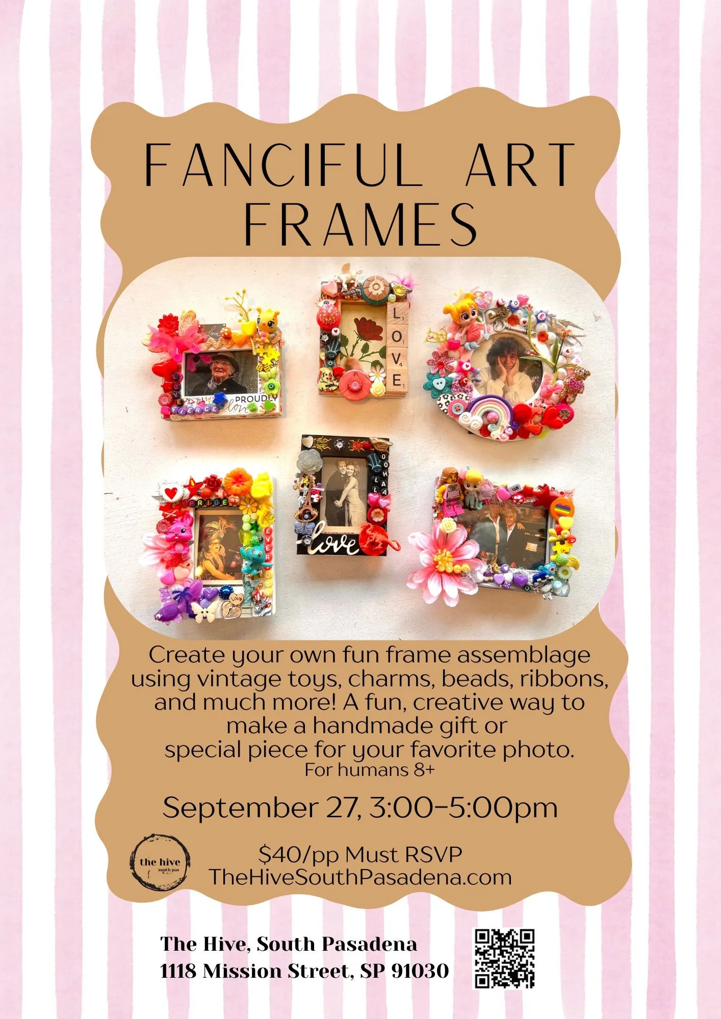 assemblage frame shari correll fanciful the hive south pasadena arts crafts makers miniatures toys family fun adults make and take teens