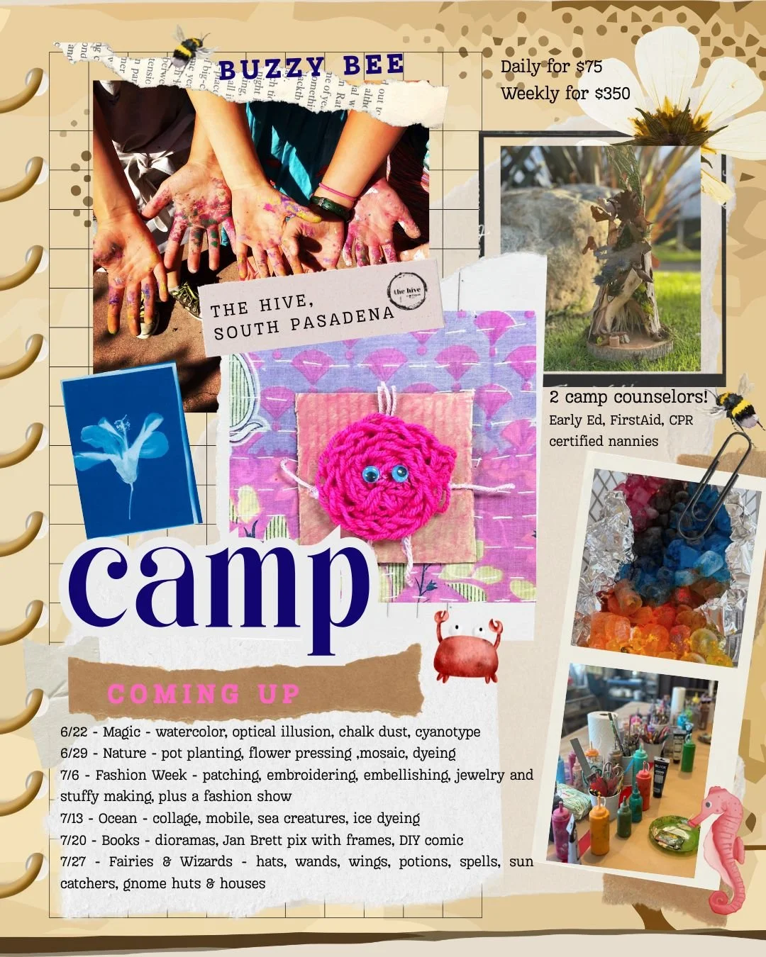 children summer camp art camps kids summertime play day week june july august arts and crafts make and take the hive south pasadena sewing dyeing fairies magic nature fashion ocean books wizards artists