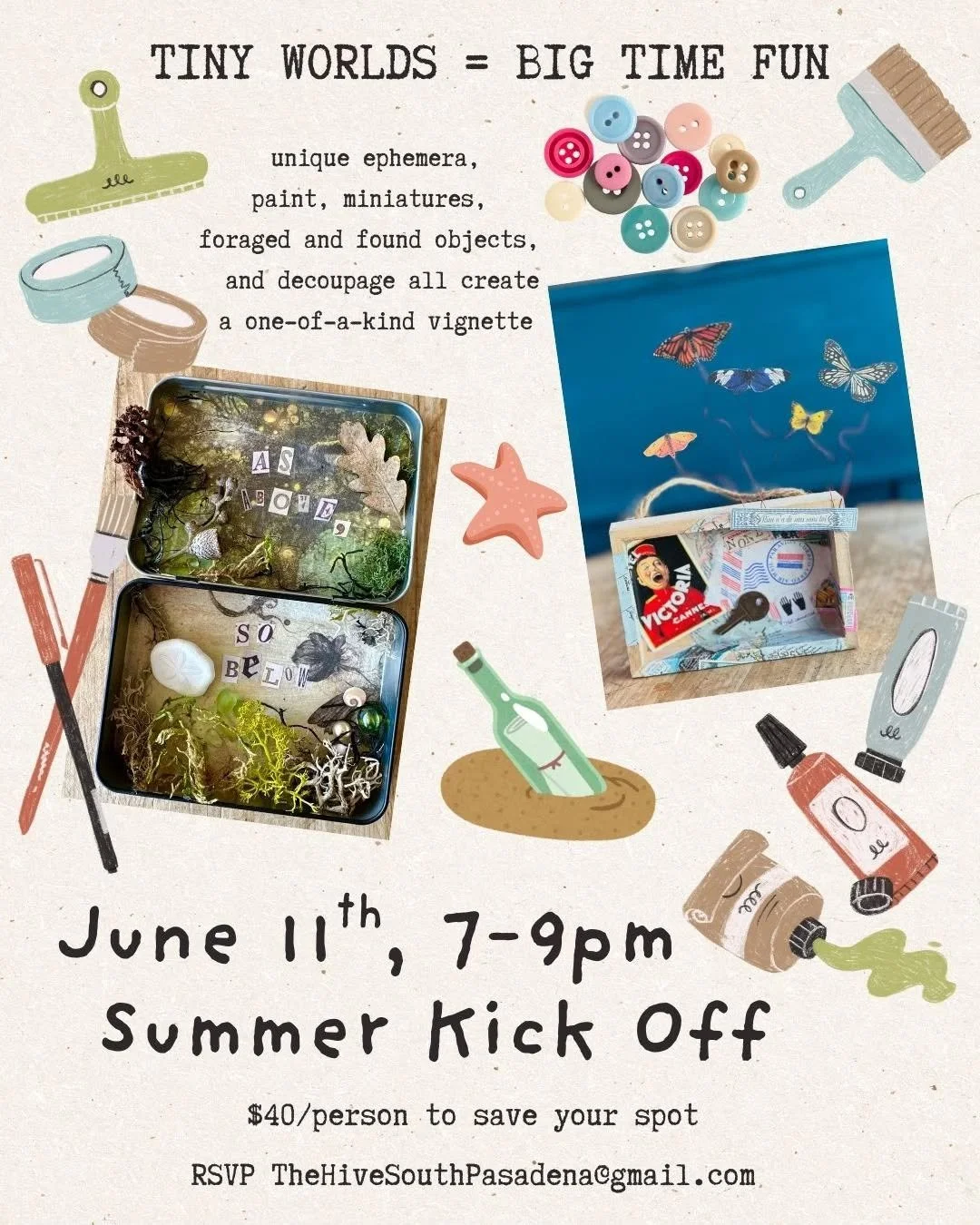 Tiny Worlds Miniatures make and take arts & crafts assemblage collage adults teens tweens family fun events