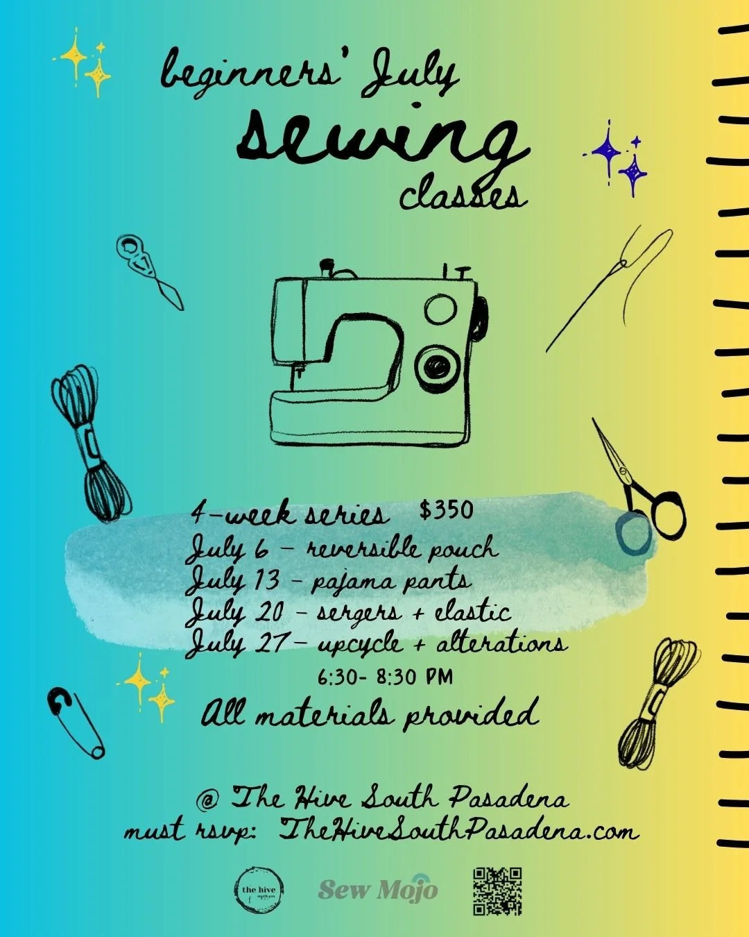 sewing machine stitching stitch art make and take the hive south pasadena arts crafts teens adults events makers making craft workshop class beginners learn how to sew