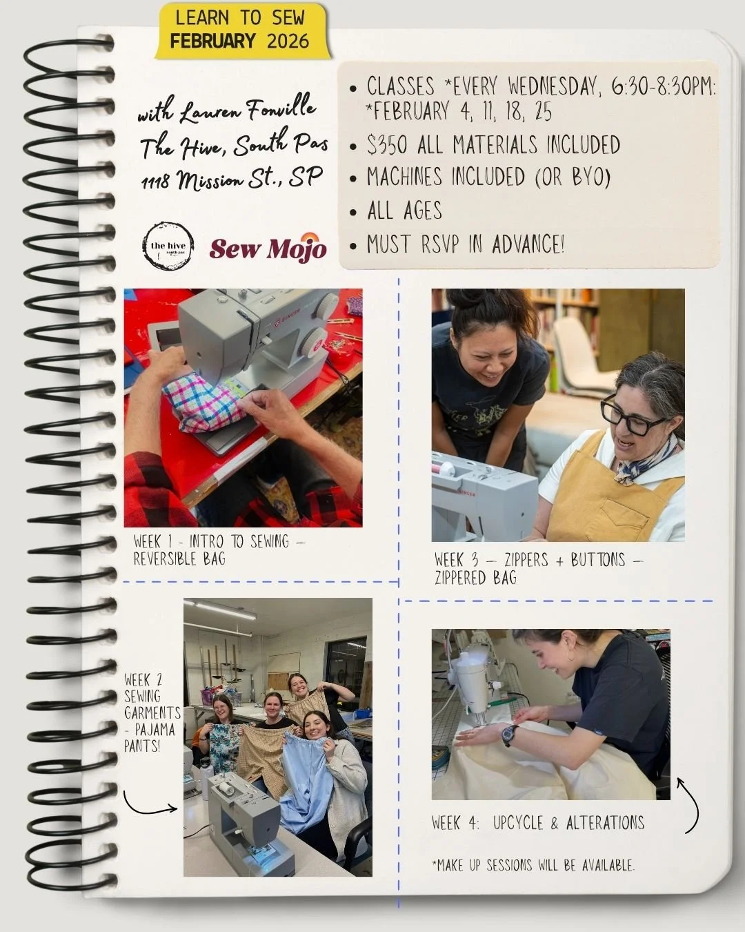 Learn to sew sewing for beginners begin the hive south pasadena arts crafts family fun teen make and take collage machines