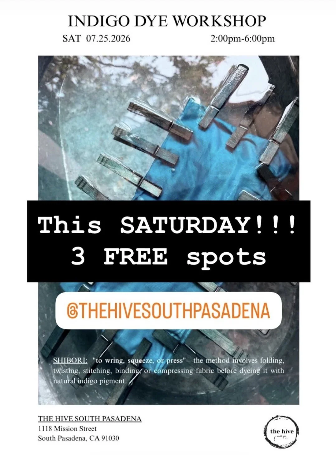 water shibori indigo free workshop art make and take the hive south pasadena arts crafts teens adults events makers makings