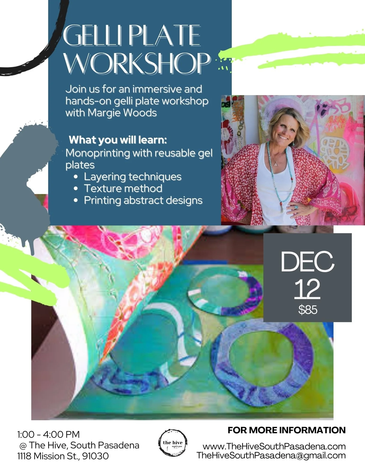 the Hive South Pasadena Margie Woods Gelli plate workshop class monoprinting layering texture printing highland park eagle rock pasadena adults arts and crafts makers event