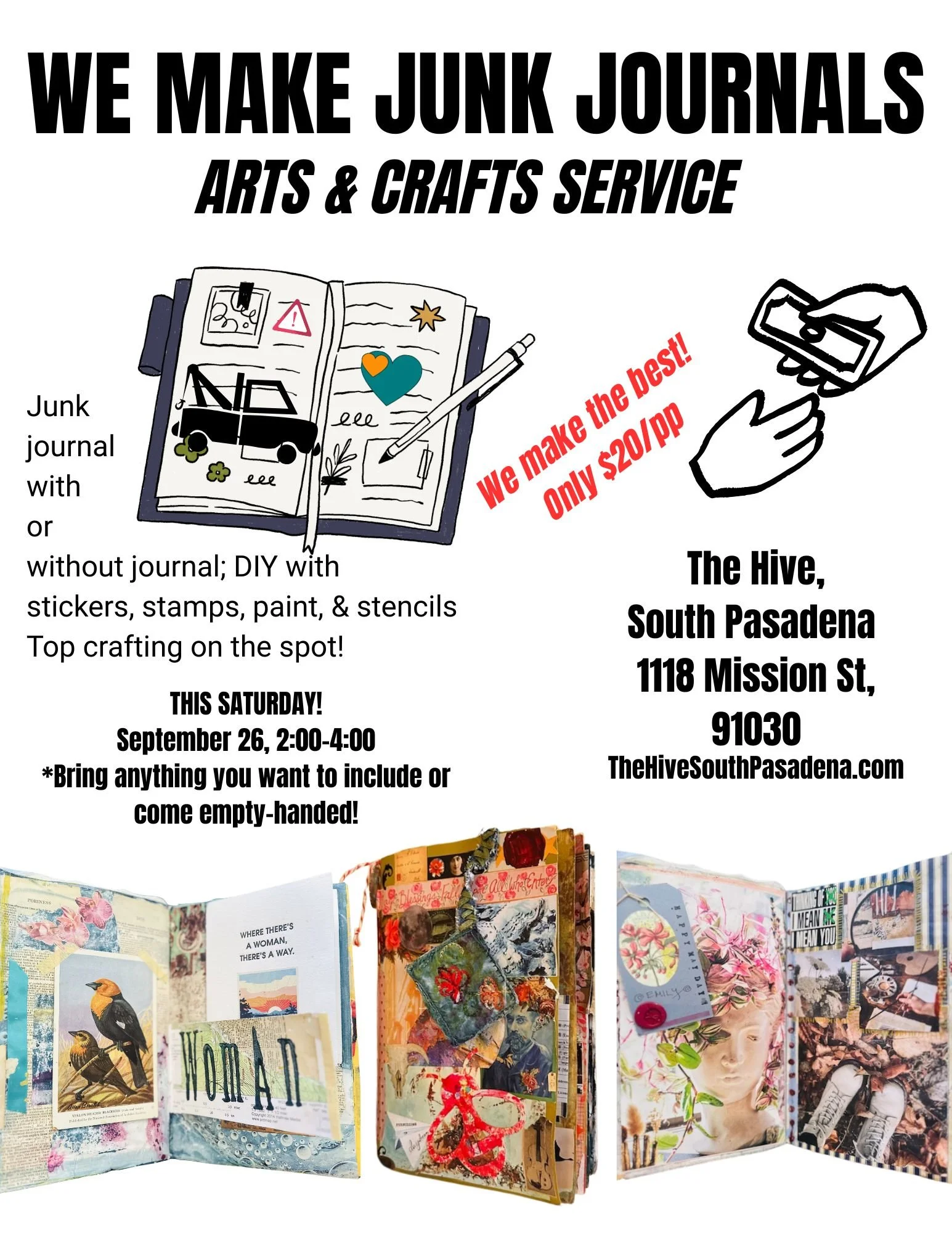 Junk journal journaling class workshop the hive south pasadena makers art journaling highland park eagle rock pasadena adults teens tweens arts and crafts collage cut and paste