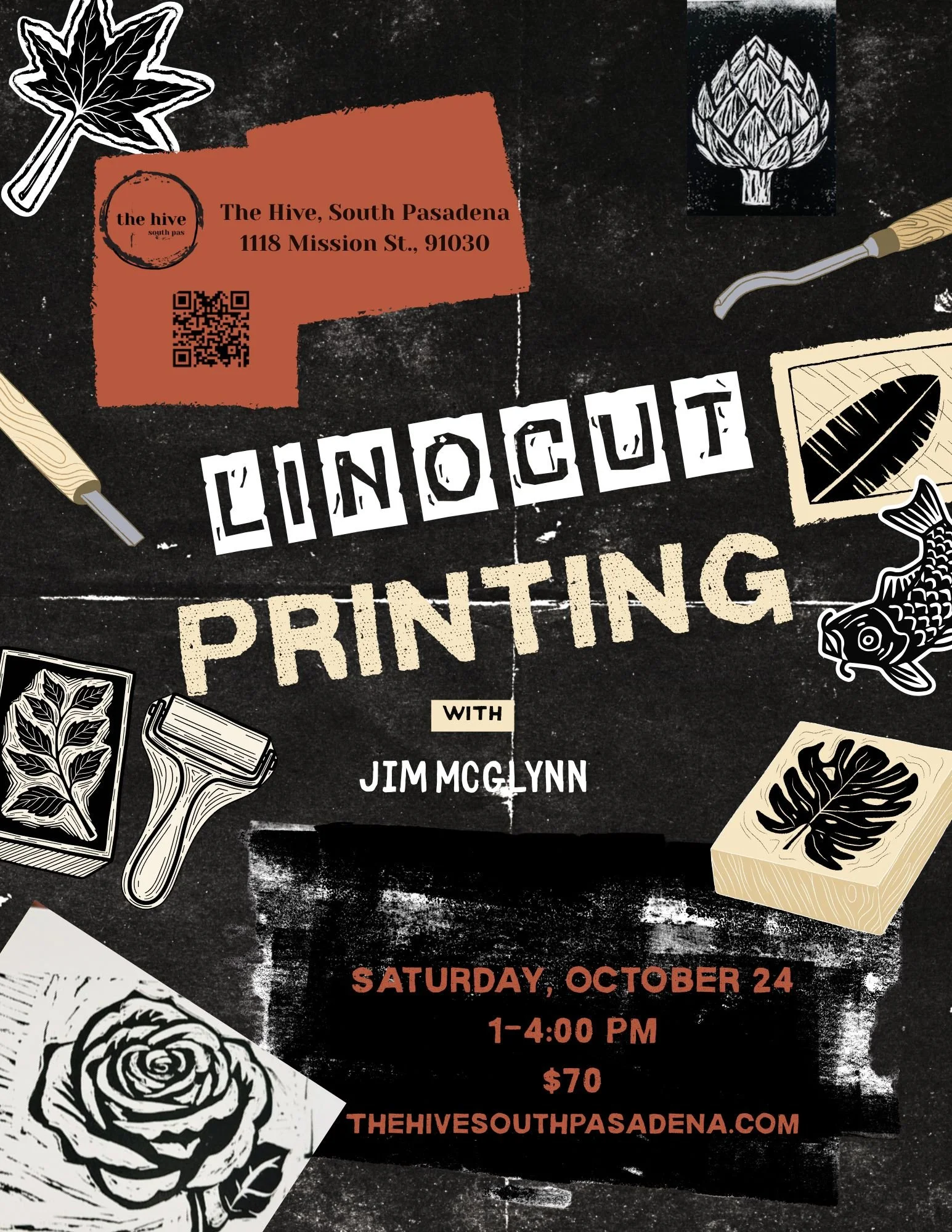 Linocut block printing Jim McGlynn carve print arts and crafts make and take makers events teens adults creating the hive south pasadena alhambra eagle rock highland park