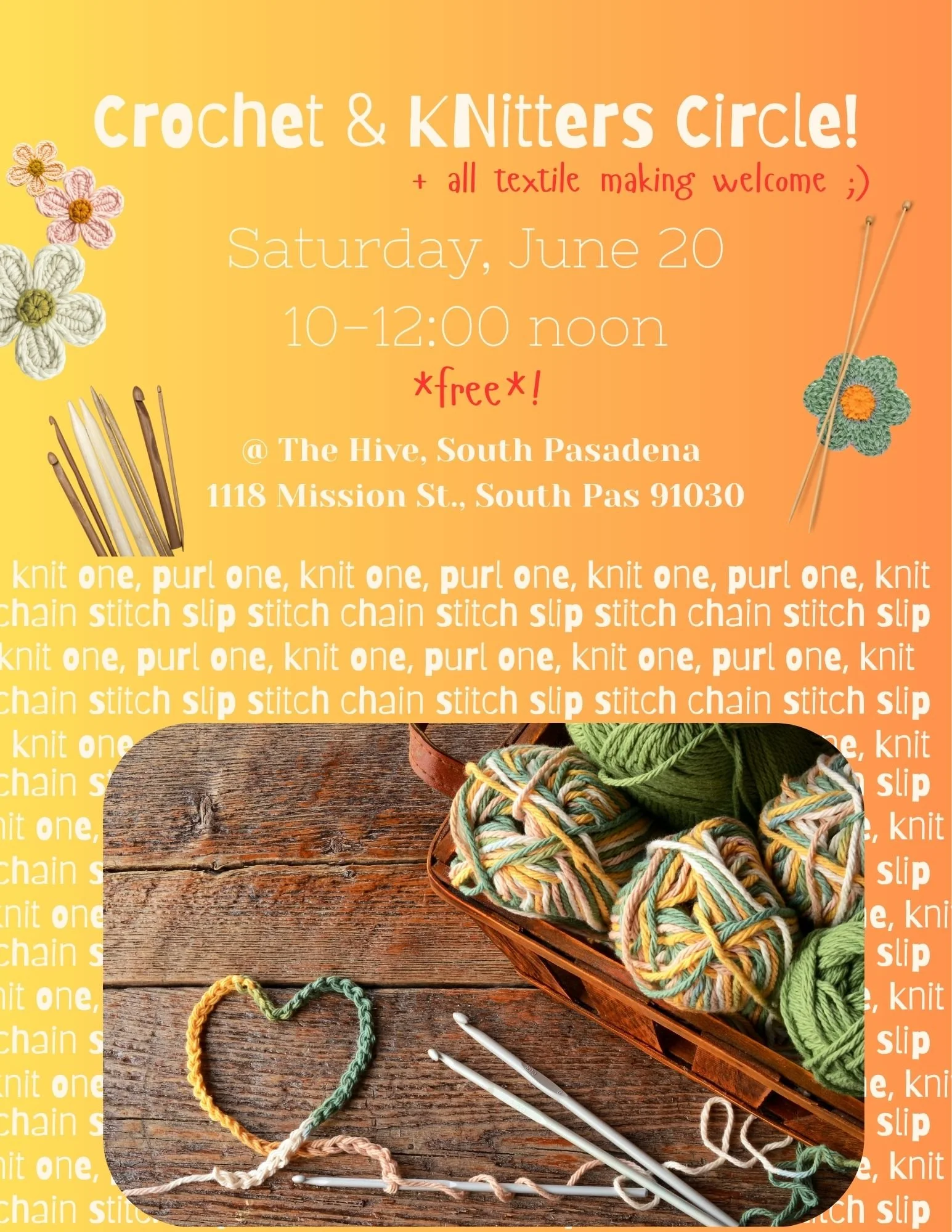 adult teen knitting crochet knit circle sew stitch make and take the hive south pasadena arts crafts teens adults events makers makings 