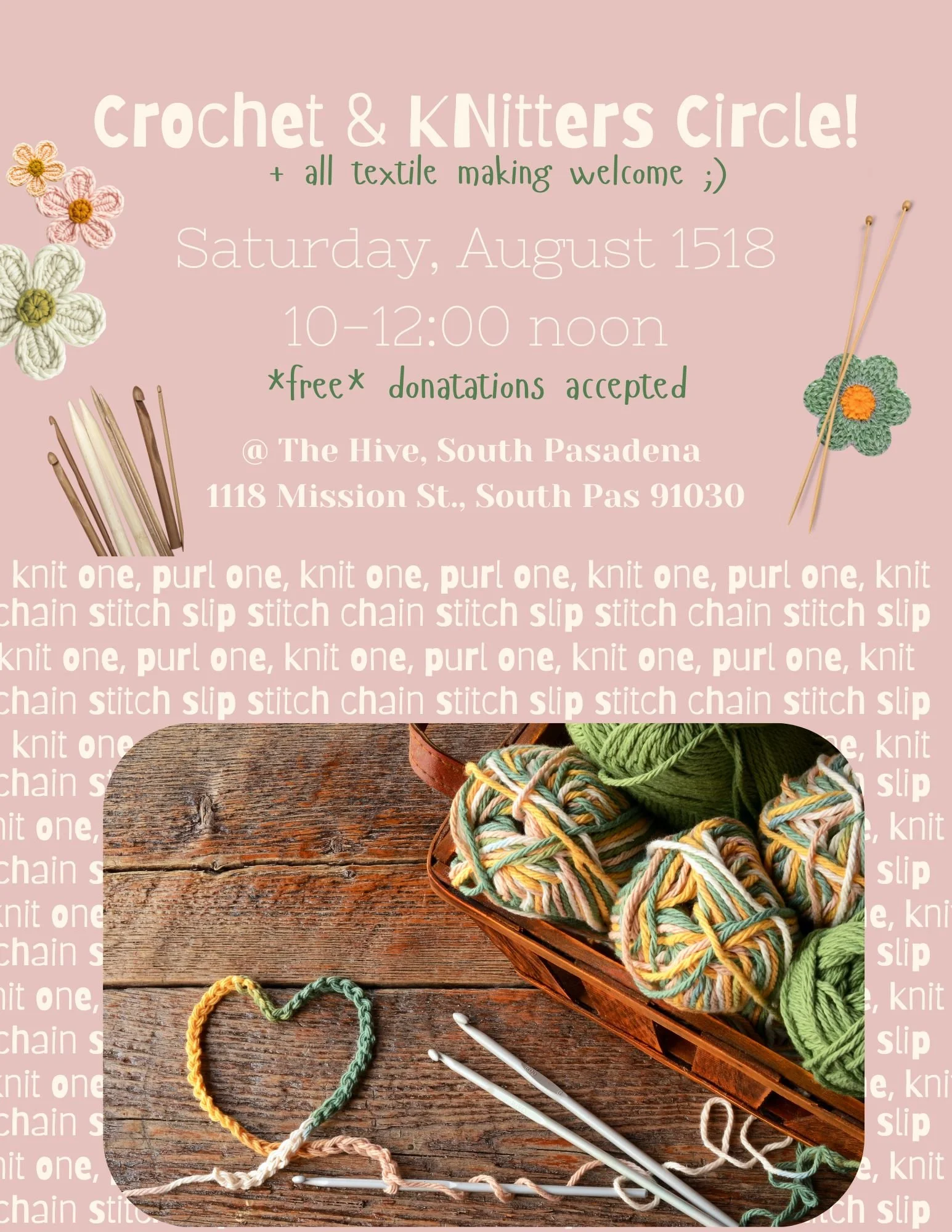knitters circle crochet sew slow stitch and bitch the hive south pasadena embroidery free community time highland park pasadena alhambra eagle rock