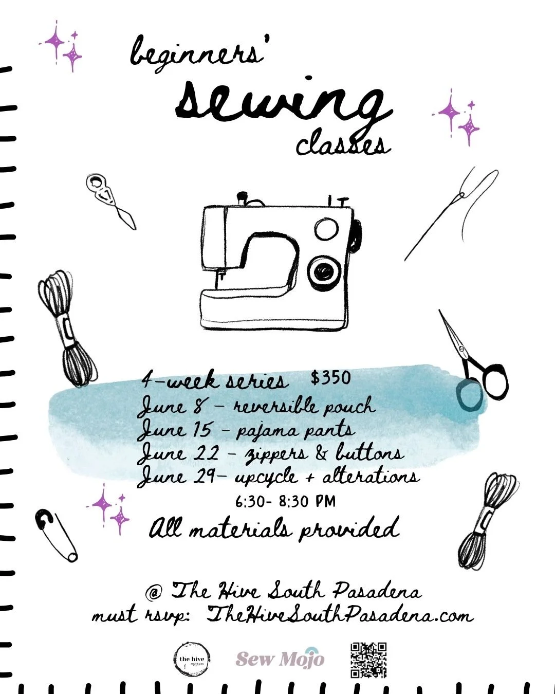Begin sewing beginners sew make and take arts & crafts assemblage collage adults teens tweens family fun events Sew Mojo Lauren Fonville machines 