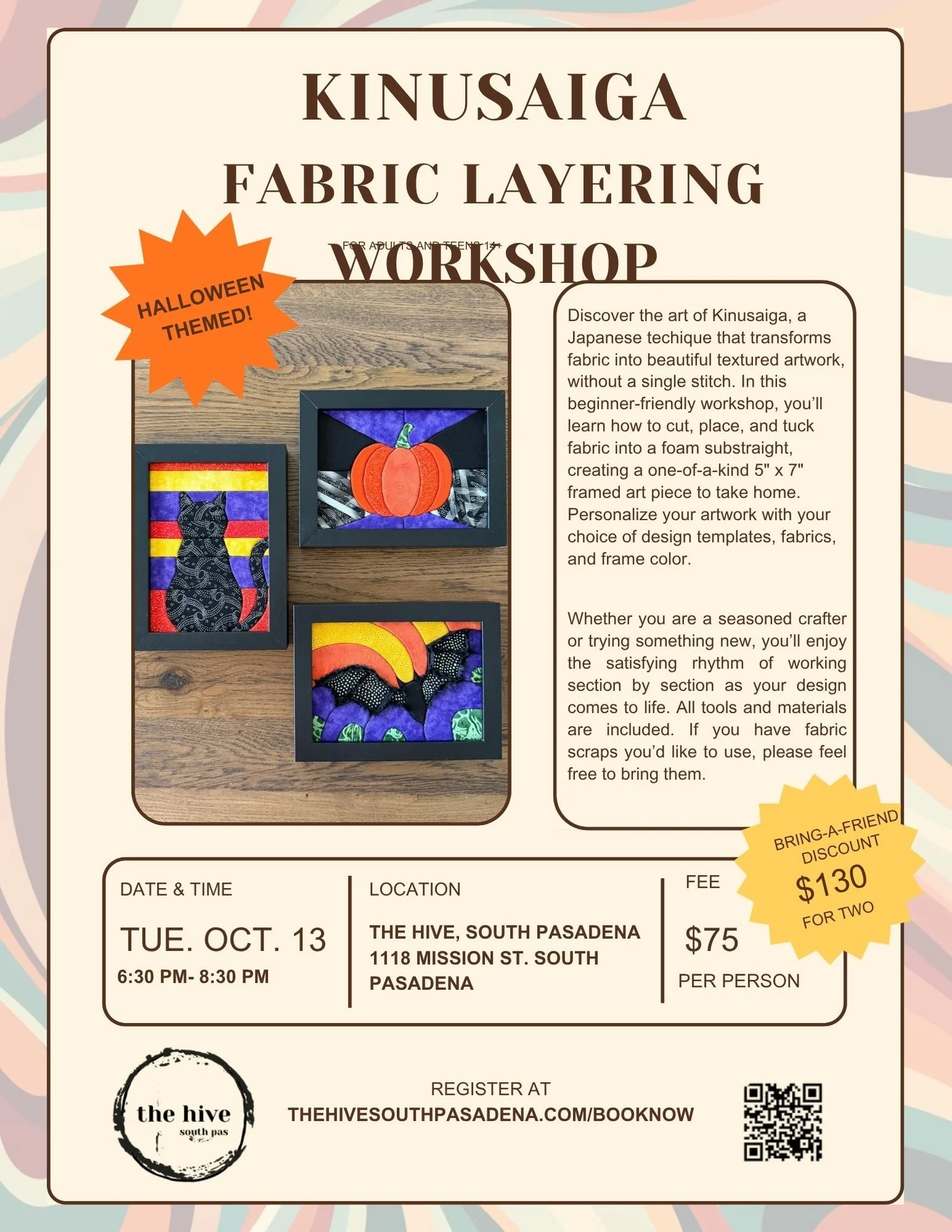 Kinusaiga Jenny Lounibos fabric collage halloween spooky black cat makers event arts and crafts make and take the hive south pasadena highland park eagle rock alhambra pasadena