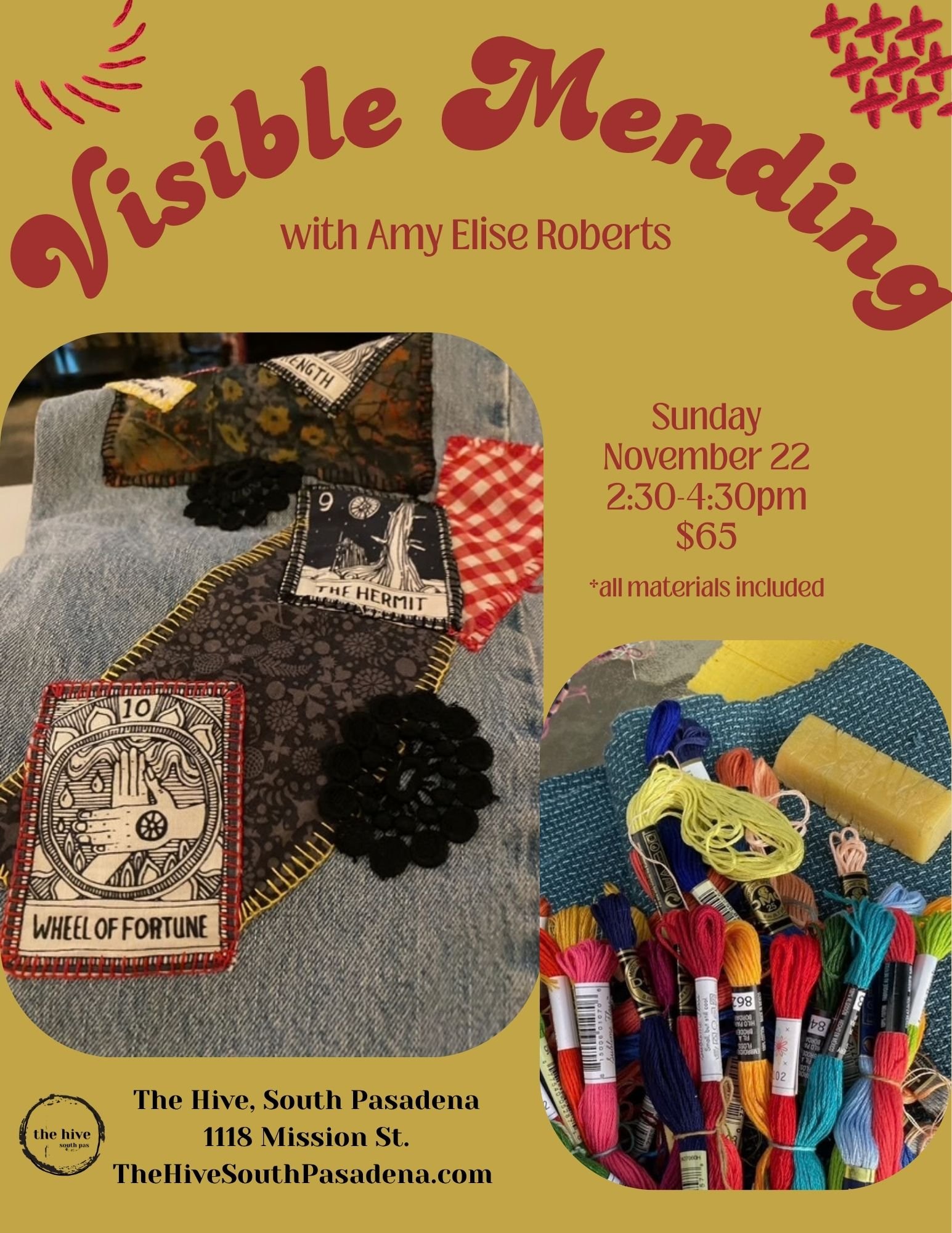 women art craft collage soul collage the hive South Pasadena Highland Park Eagle Rock Pasadena make and take art sewing sew slow stitch art journal makers mend visible mending sashiko vintage fabrics embroider upcycle jeans