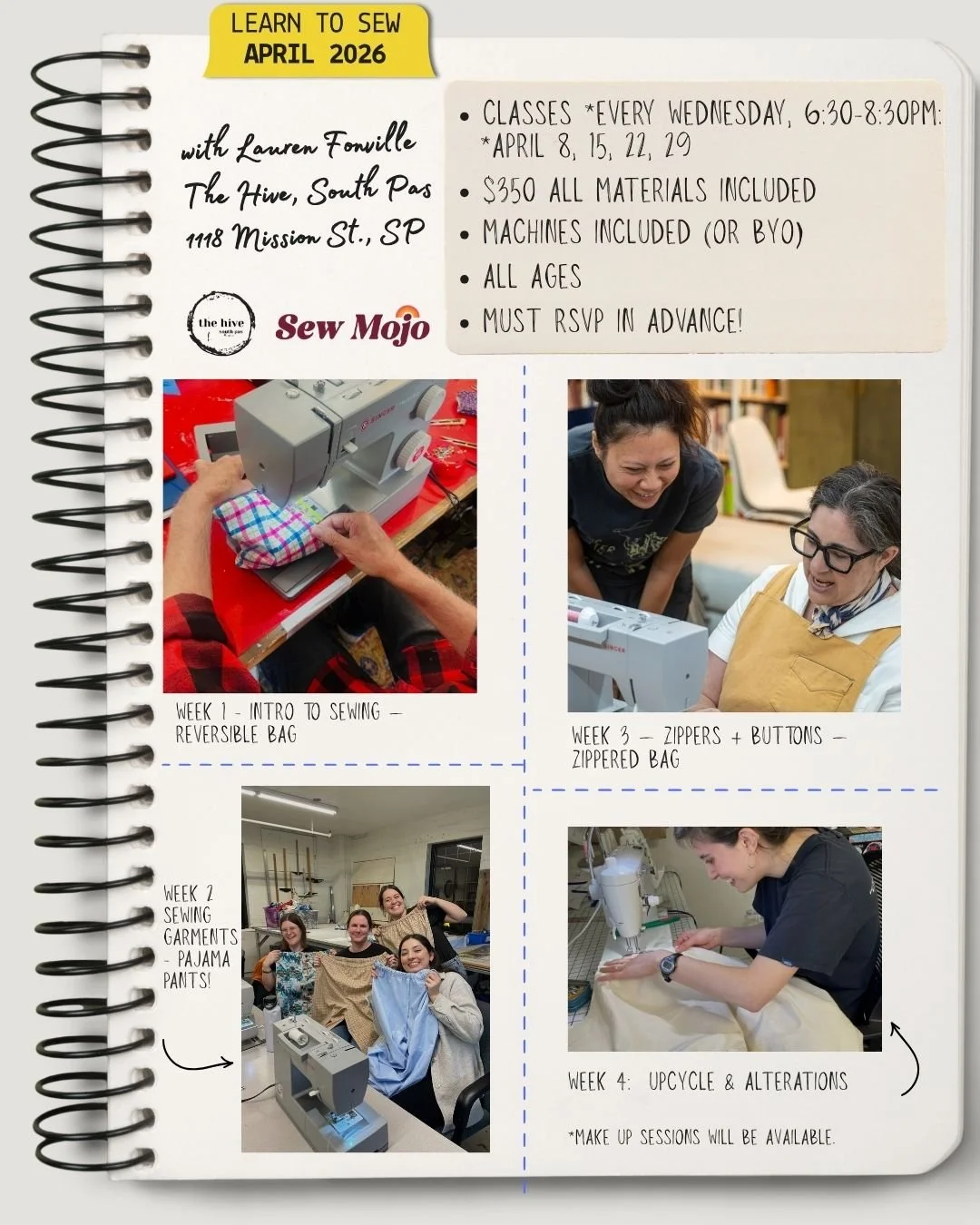 learn how to Sew beginners sewing arts and crafts make and take sewing machines seamstress Lauren Fonville SewMojo