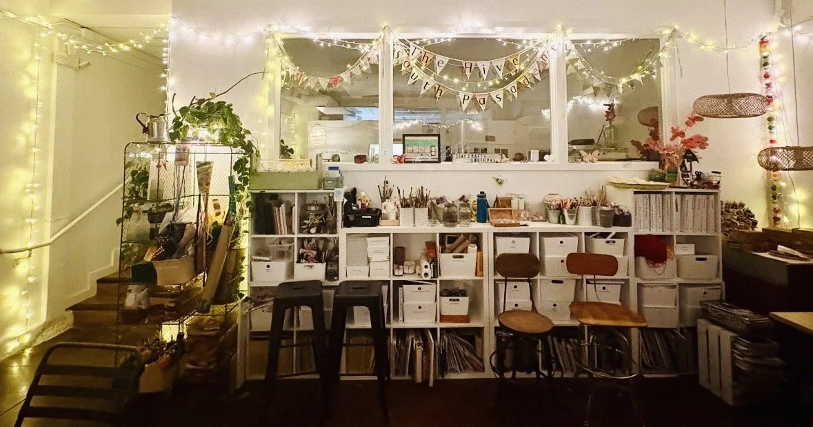 The Hive South Pasadena arts crafts making adults teens children art craft sewing painting stitching collage soul collage menopause watercolor open studio kinusaiga kids art journaling miniatures linocut knitting crochet bookmaking ATC highland park