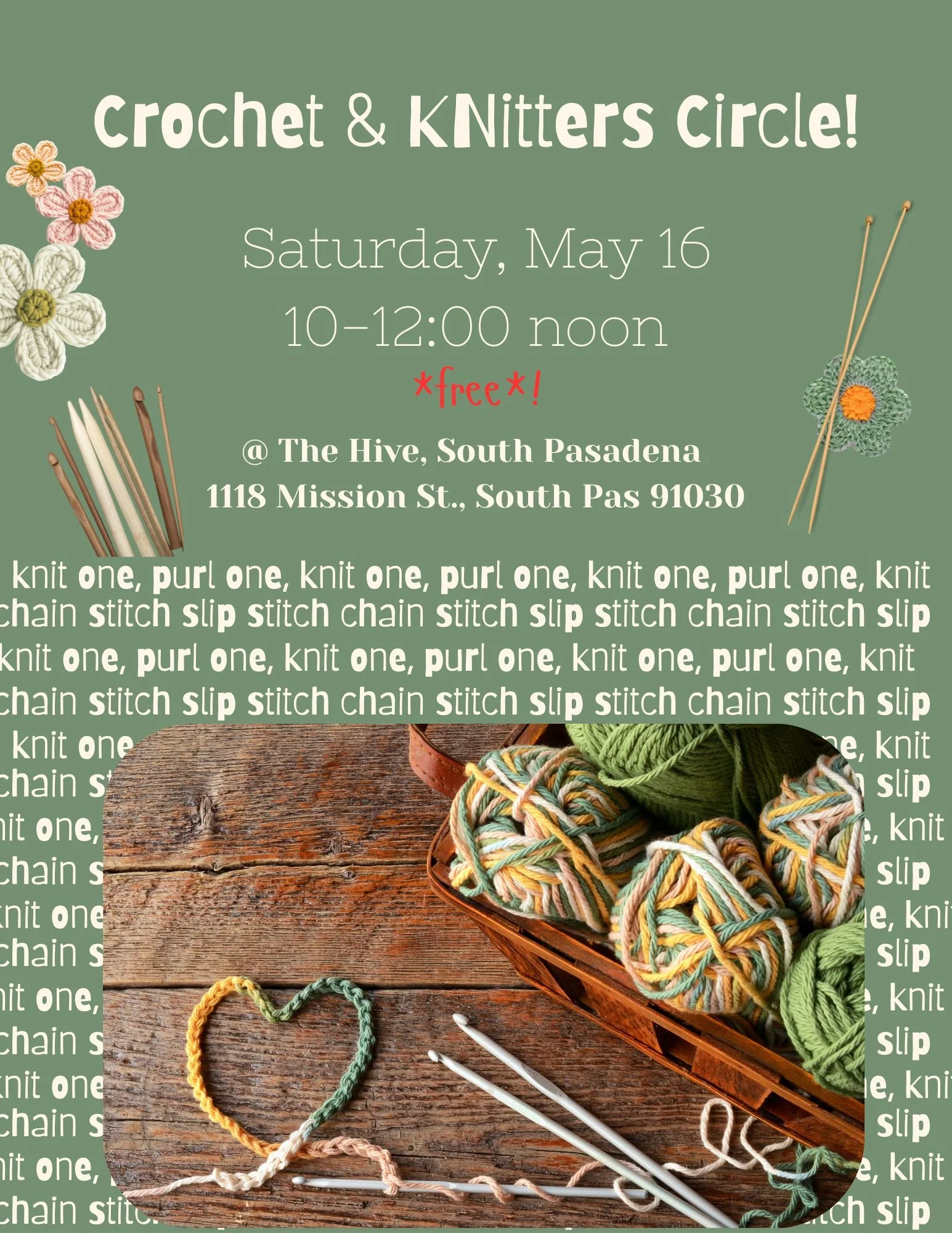 Knit crochet sew circle stitch and gab the hive South Pasadena Women's Club community free event textiles makers