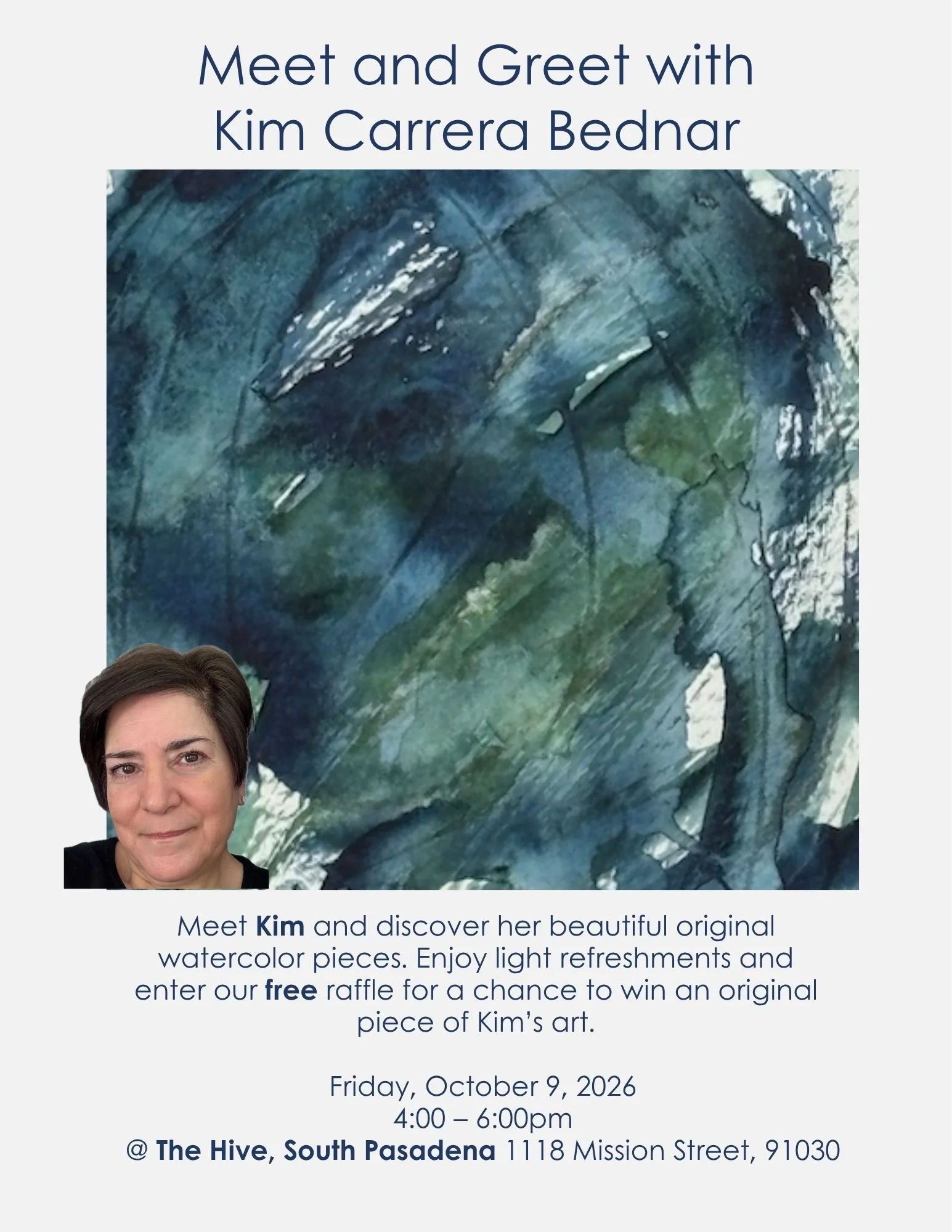 Kim Carrera Bednar watercolor meet & greet artist free raffle The Hive South Pasadena watercoloring paint painting demo art event making