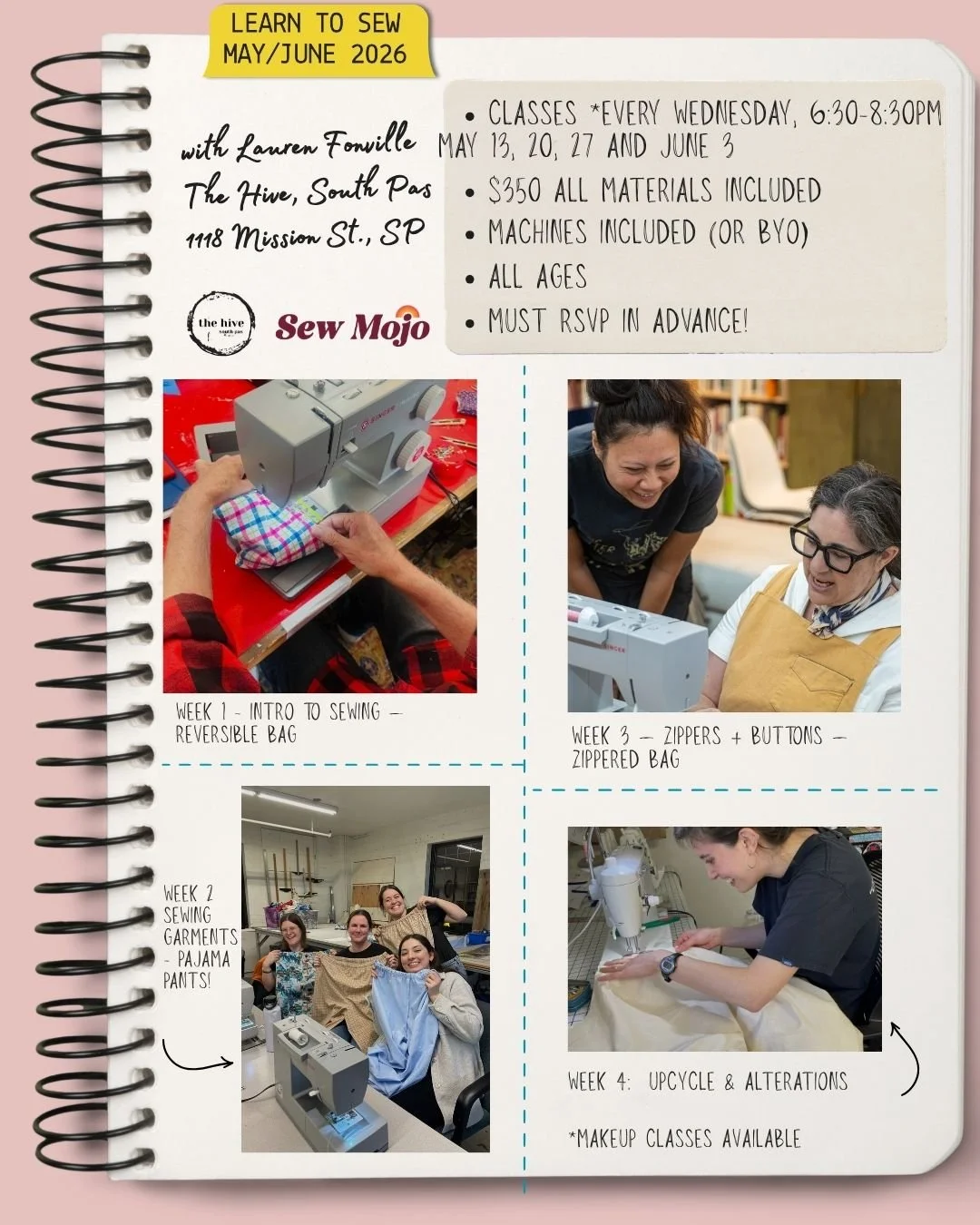 Begin sewing beginners sew make and take arts & crafts assemblage collage adults teens tweens family fun events Sew Mojo Lauren Fonville machines 