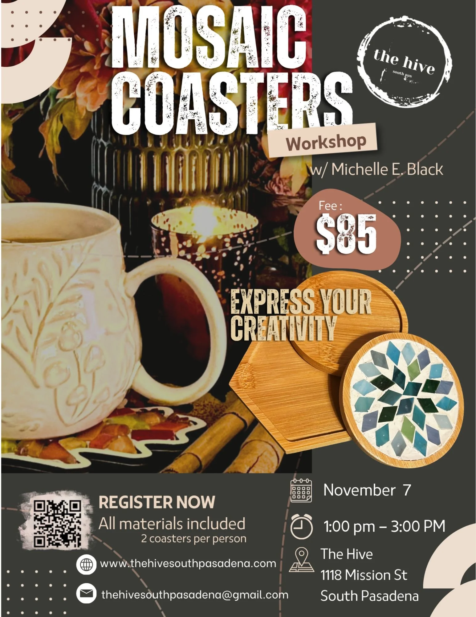 Mosaic coasters workshop class adults creativity the hive south pasadena eagle rock highland park alhambra make and take michelle e. black arts and crafts