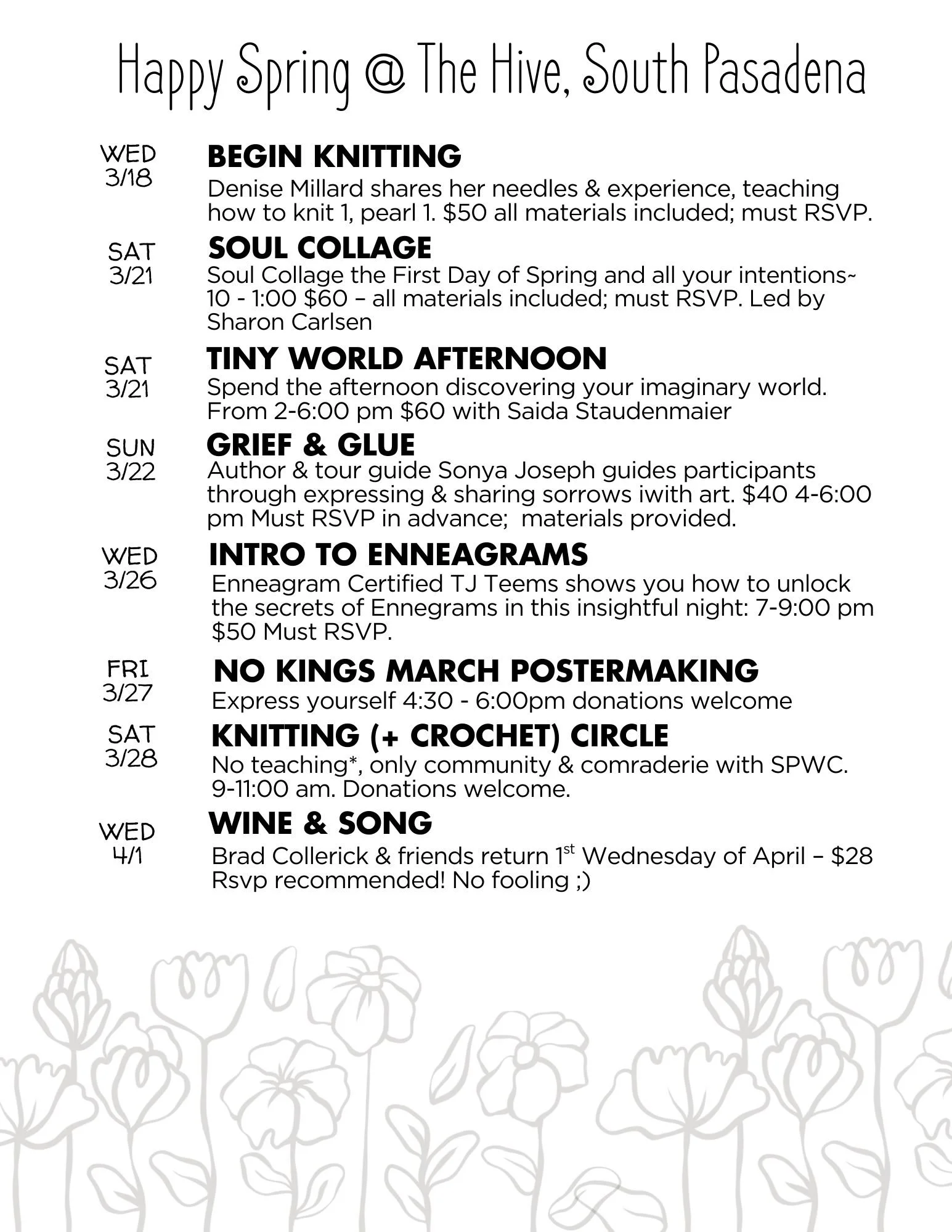 spring classes workshops art crafts teen tweens adults collage knitting posters sewing enneagram wine song local artisans