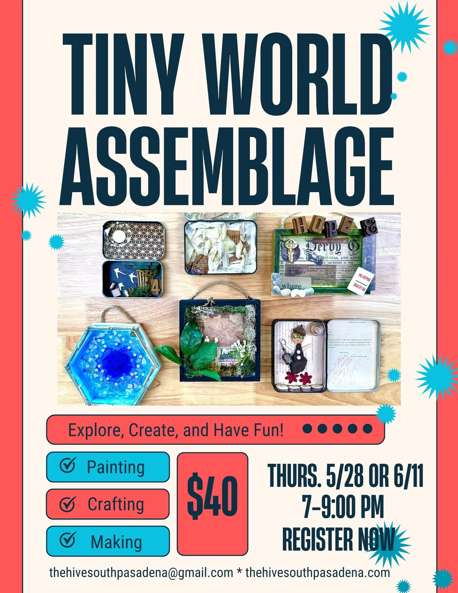 Tiny Worlds Miniatures make and take arts & crafts assemblage collage adults teens tweens family fun events
