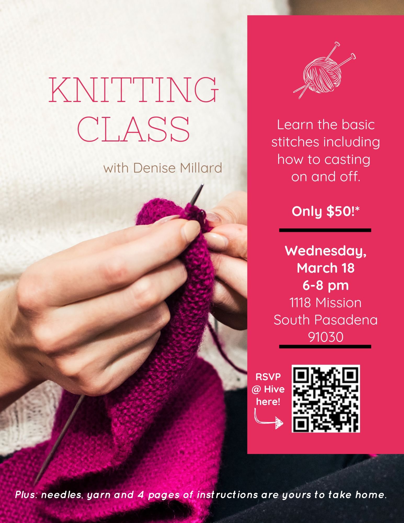 Begin Knitting Class at The Hive, South Pasadena