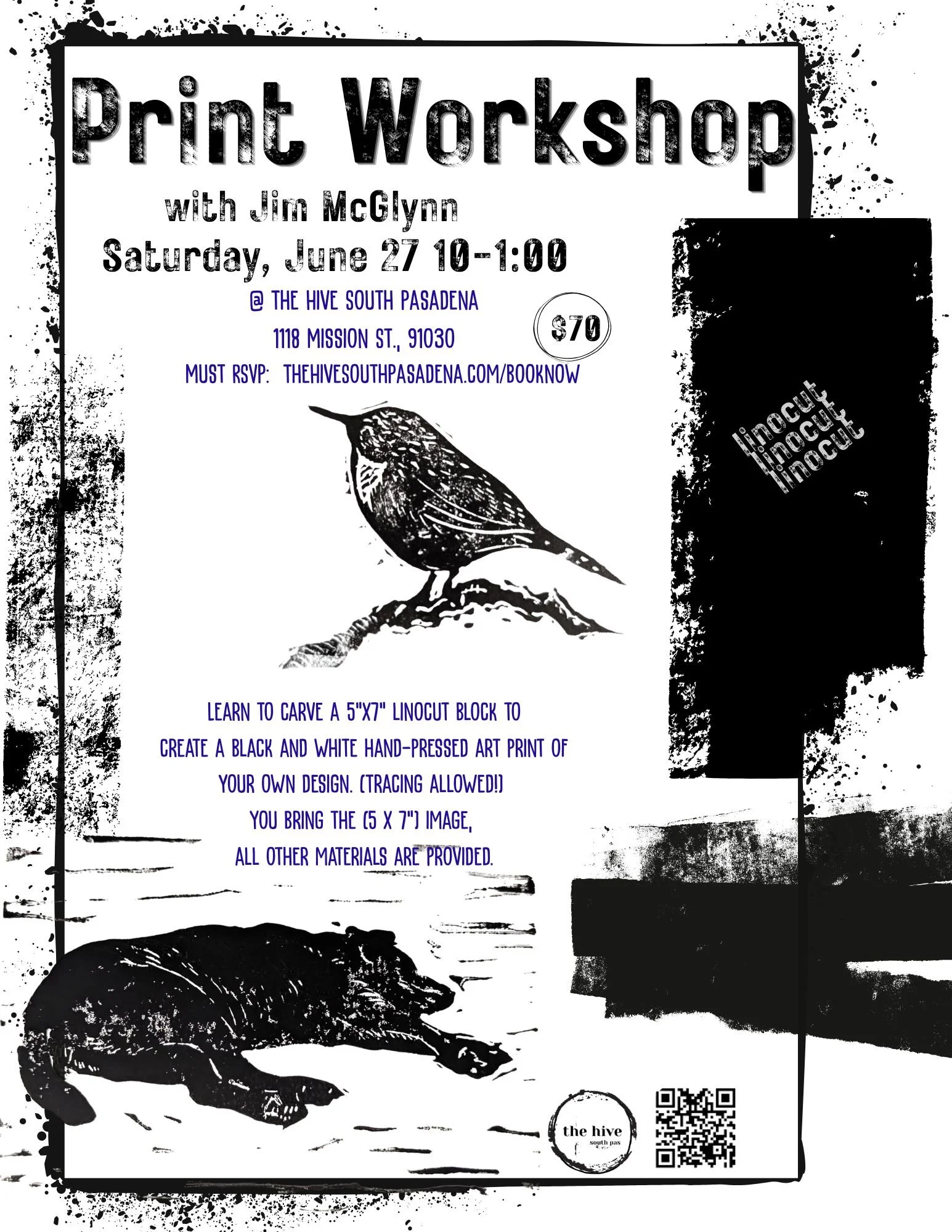 Begin print linocut printers printing beginners make and take arts & crafts adults teens tweens family fun events Jim McGlynn Alta Artist