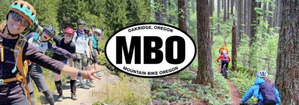 Group of kids on a mountain biking trail in a forest, wearing helmets and backpacks, with an MBO logo for Mountain Bike Oregon, Oakridge, Oregon, in the center.