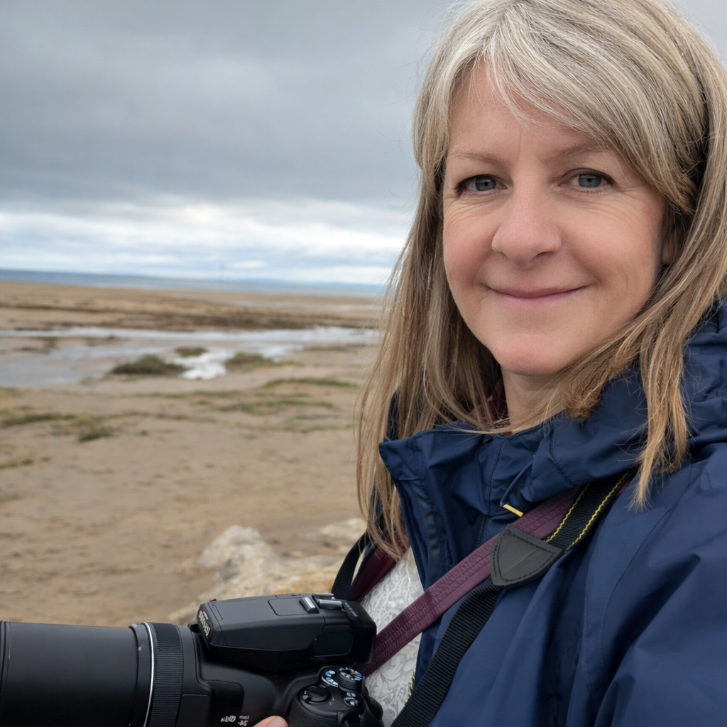 Women with a camera located on a beach smiling. She's wearing a blue coat and has shoulder length ash blonde hair
