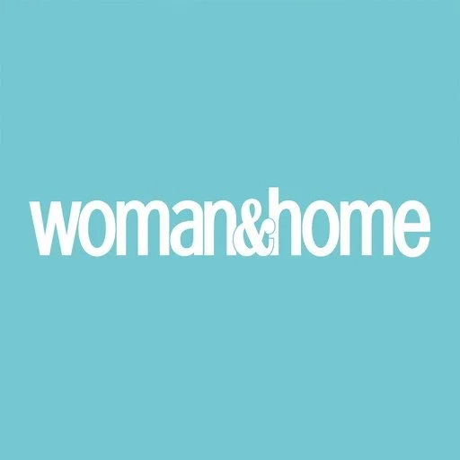 "woman & home" white text on teal background