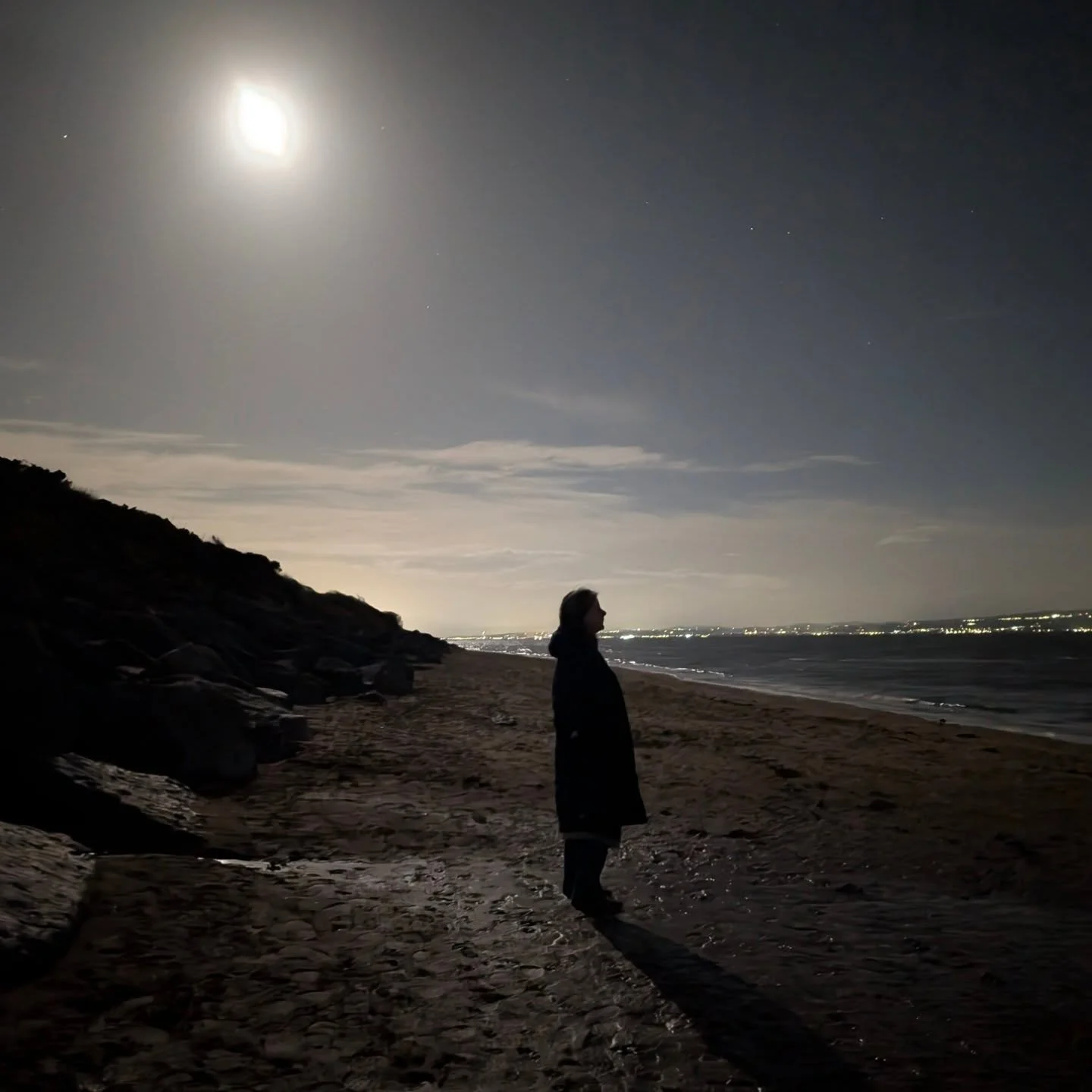 A person standing on a beach at night, illuminated by the moonlight with city lights in the distance.