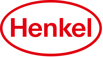 Henkel logo with red text inside an oval shape on a black background.