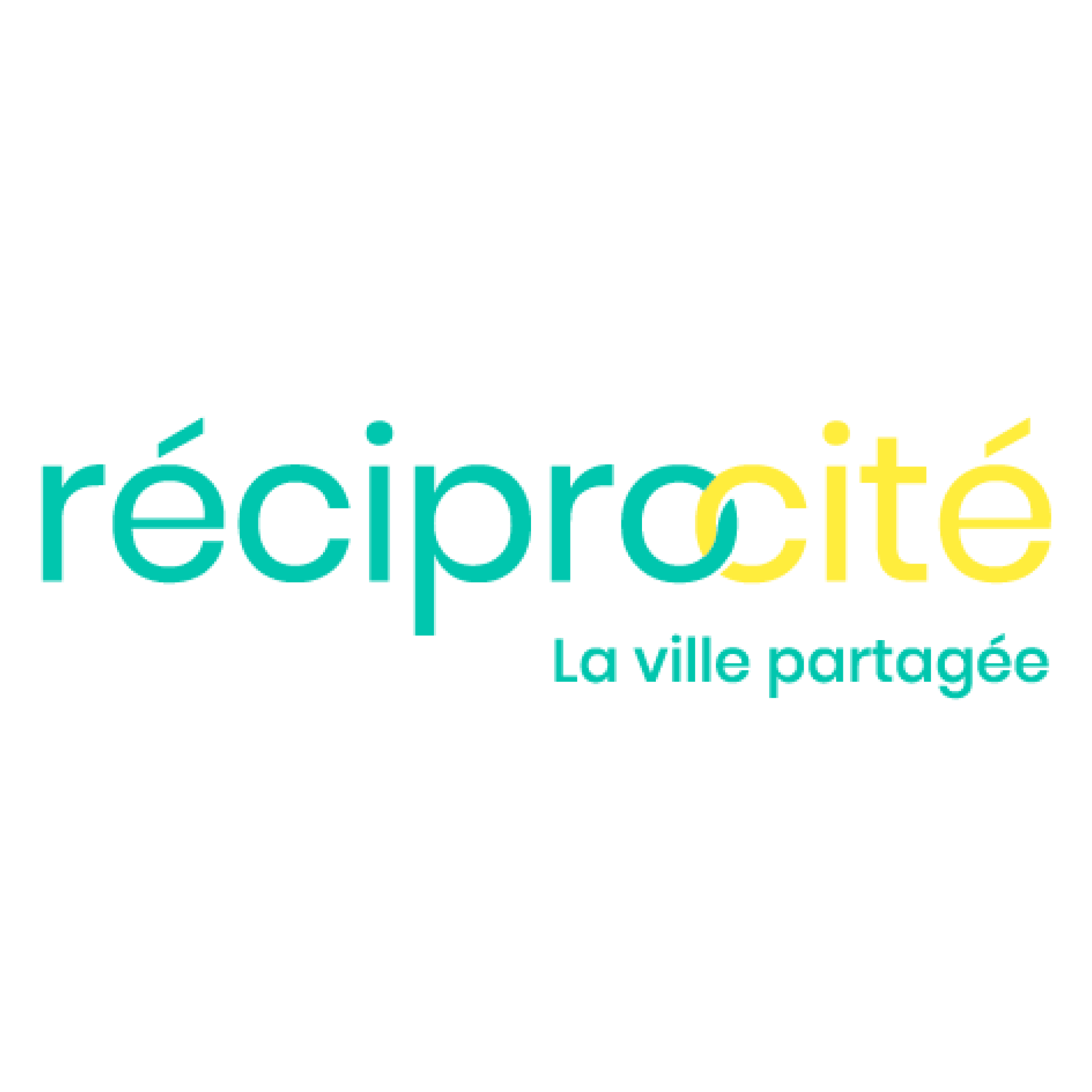 Logo de RecipCity avec le slogan "La ville partagée" en français, couleur turquoise et jaune sur fond noir.