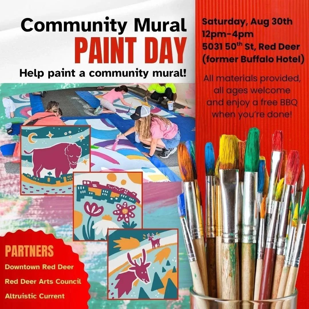 In coordination with @downtownreddeer and the @reddeerartscouncil, @altc.ca is pleased to facilitate our 6th Muraleers project! We'll be hosting an all-age free Community Paint day on Sat Aug 30th, where participants can help fill in the background t