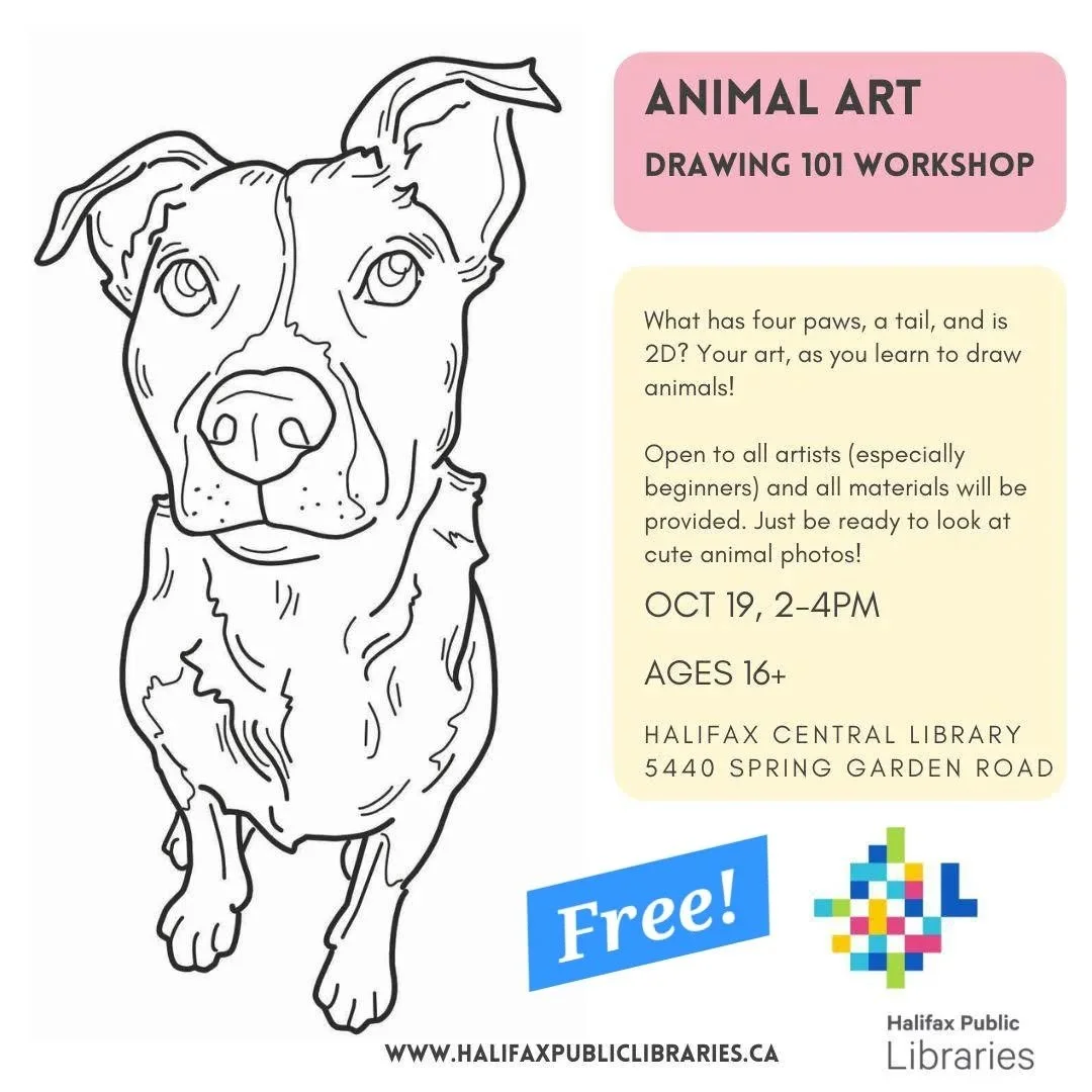 Get ready to look at cute fur babies 🐯🐨🐺🐭🐰🐸!
I'm hosting a free drawing workshop at @hfxpublib next Sunday, about how to strengthen your drawing skills (as we study from animal pics)!
Free to join, open to all levels of artists (beginners enc