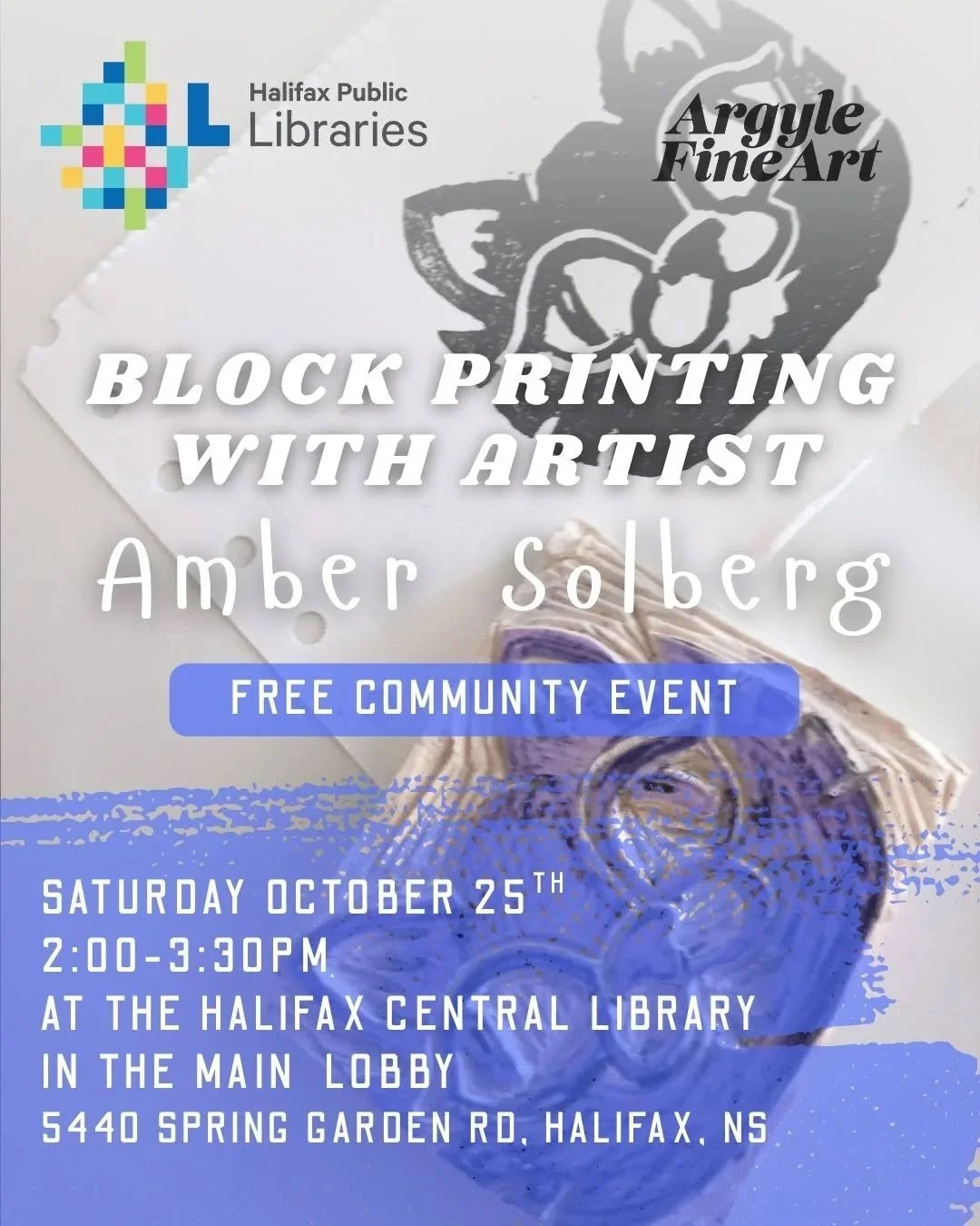 Come print with me!
I'm popping up at @hfxpublib next Saturday, in collaboration with @argyle_fine_art to do pop-up block printing! Try your hand at making an inky impression imprint (that you can take home afterwards!) All materials provided, all a