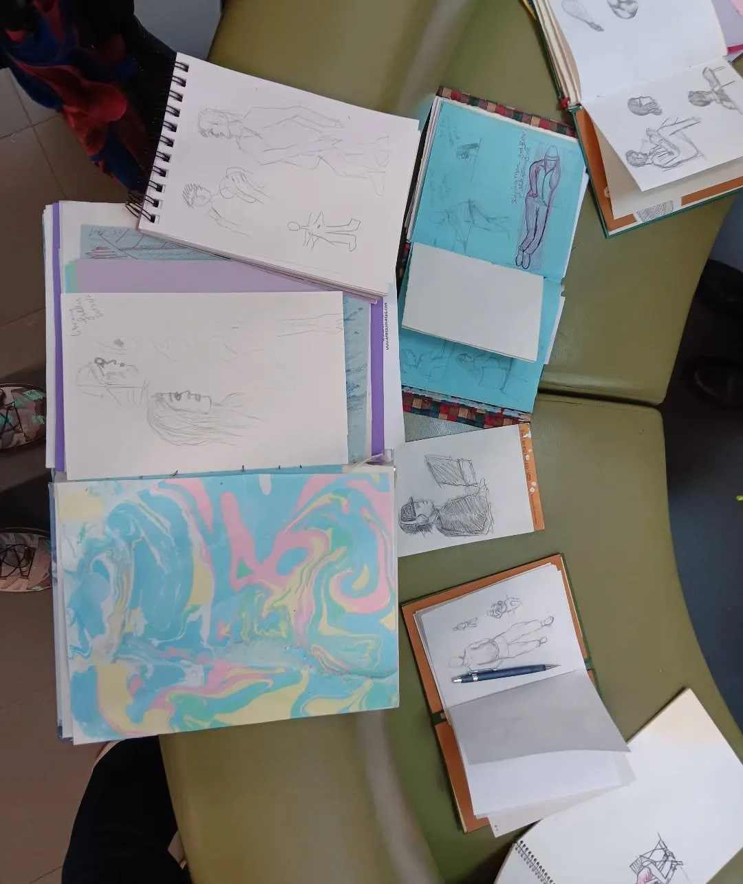 A quick snap from Sketchbook Adventures today!
We jumped into learning how to draw people (at rest, in movement, and how to work fast with new materials). Lots of challenges and lots of fun!