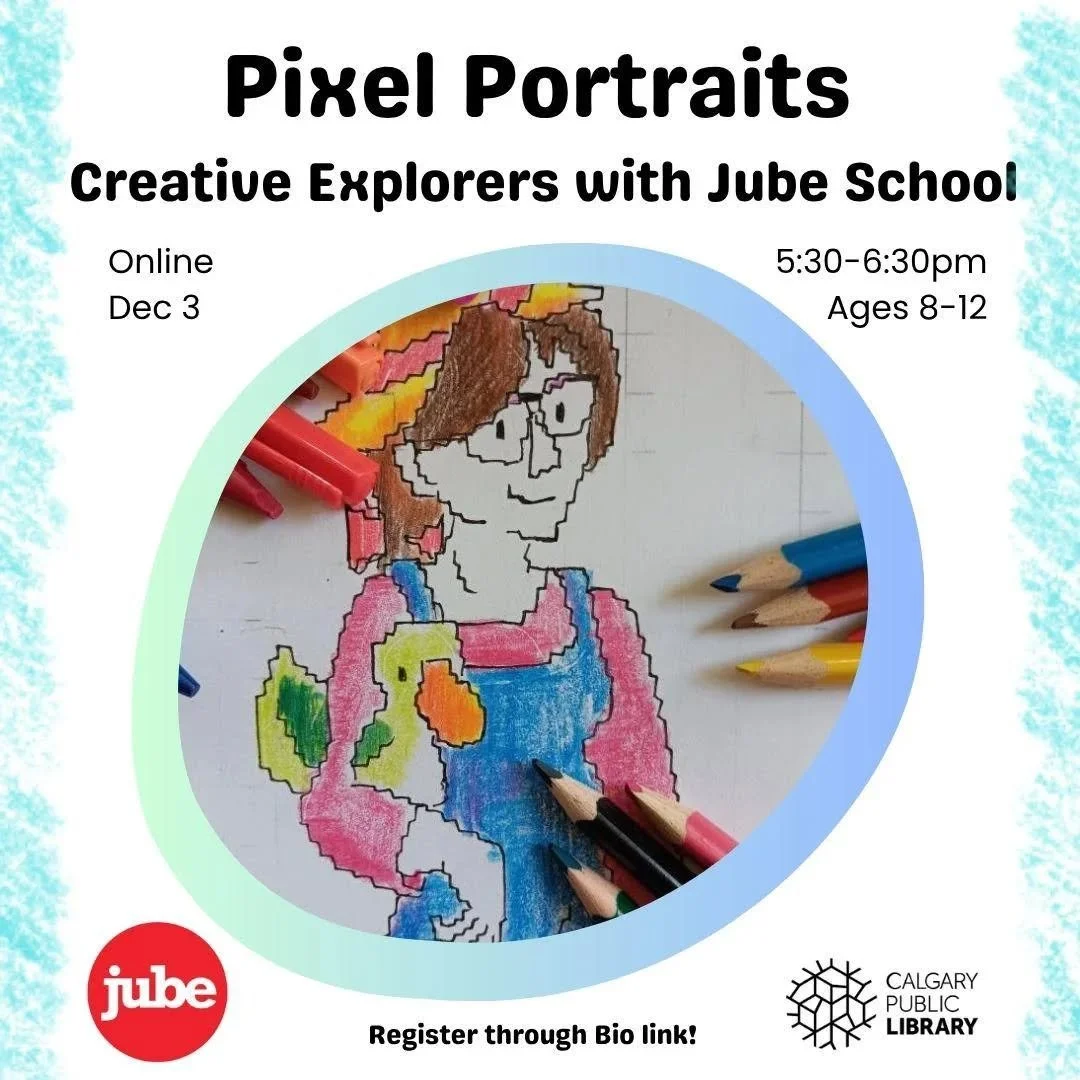 It's a hit when things at 8-bit! 
Join me online on Dec 3rd, as part of @jubeschool 's Creative Explorers program at the @calgarylibrary ! Using paper, pencils, and coliuri g tools we'll learn how to draw ourselves pixelated characters. If you're a