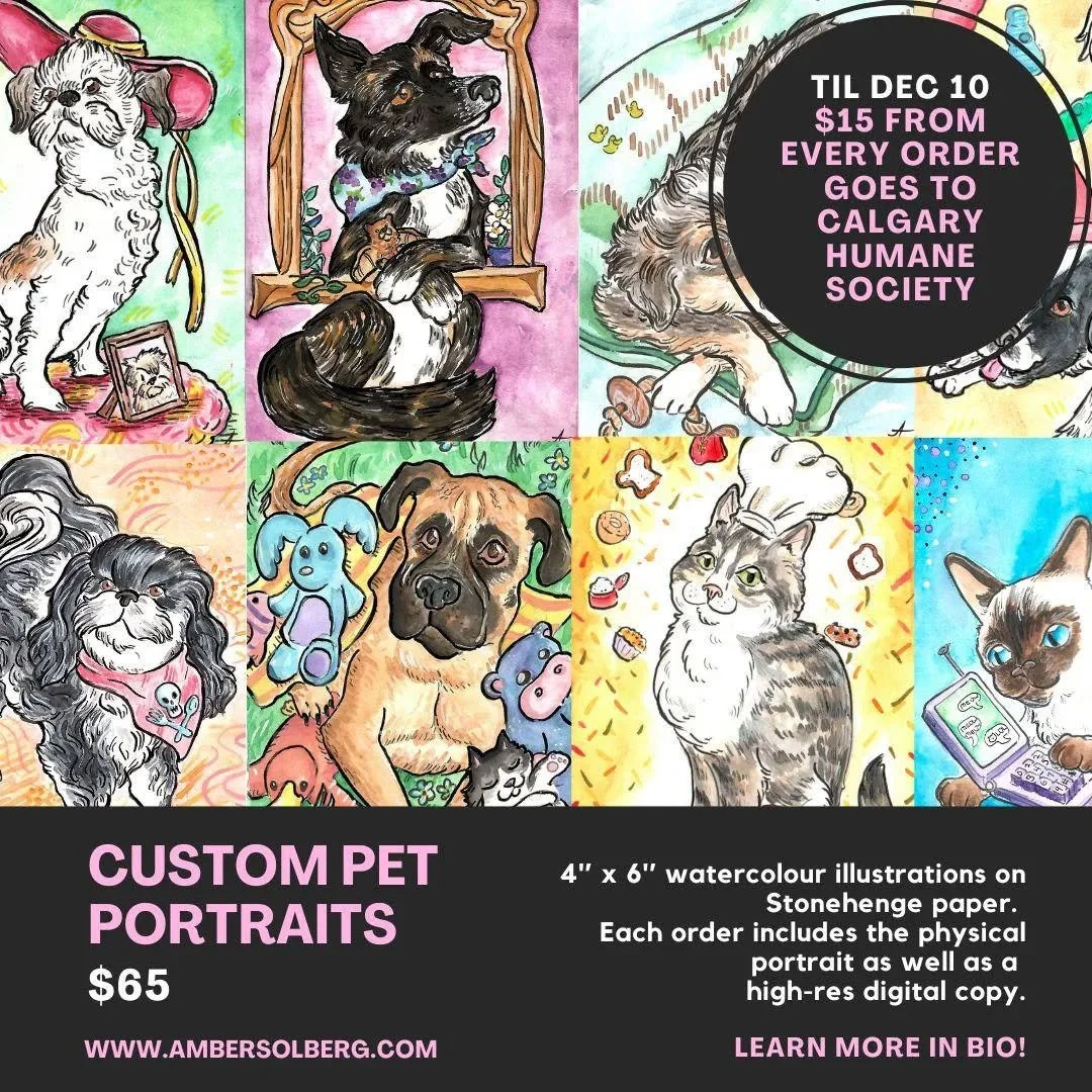 CALGARY, show me your pet photos! 

I'm opening up Custom Pet Portraits for a month, with $15 from every order going to the @calgaryhumane society! 
I've made about 70 of these individualized illustrations now, and I still love to hear about your goo