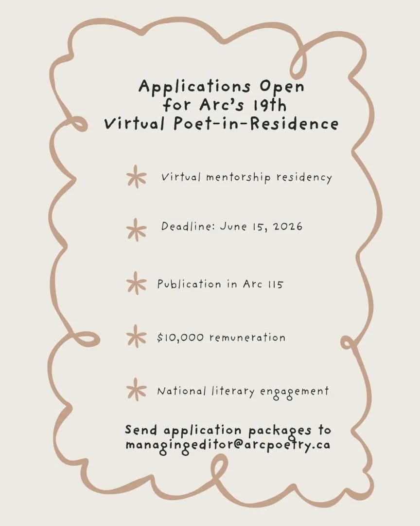 @arcpoetrymag Applications are now open for Arc&rsquo;s 19th virtual Poet-in-Residence program. This national mentorship residency connects an influential Canadian poet with Arc&rsquo;s country-wide community of writers. The PIR is also featured in a