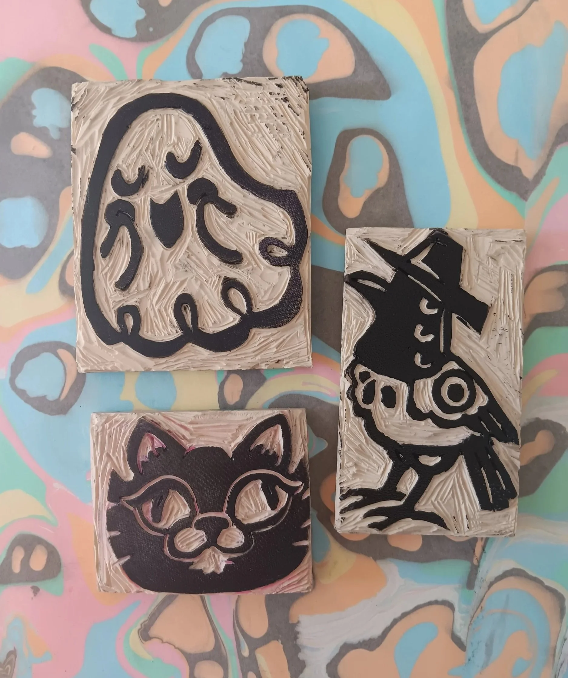 Carved printimaking blocks & paper marbling