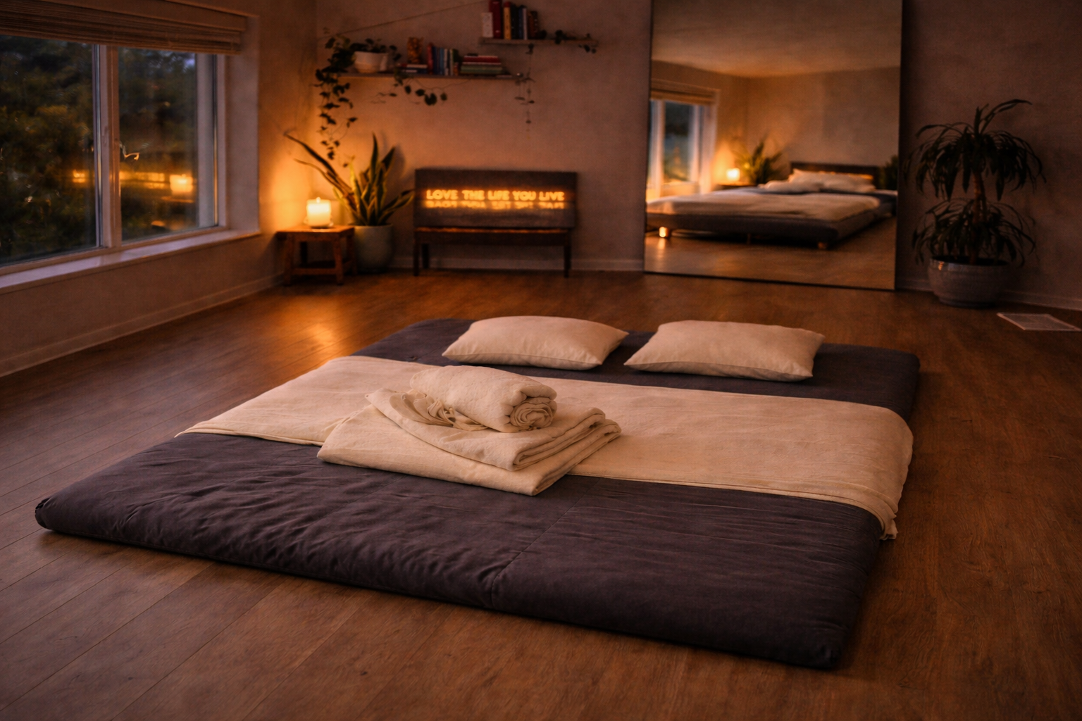 A cozy Thai massage mattress on wooden floors, pillows, and blankets. Evening light coming through large windows, reflection in a mirror showing a bed, potted plants, and warm lighting creating a relaxing atmosphere., Jake Ferree | Yoga, Massage 