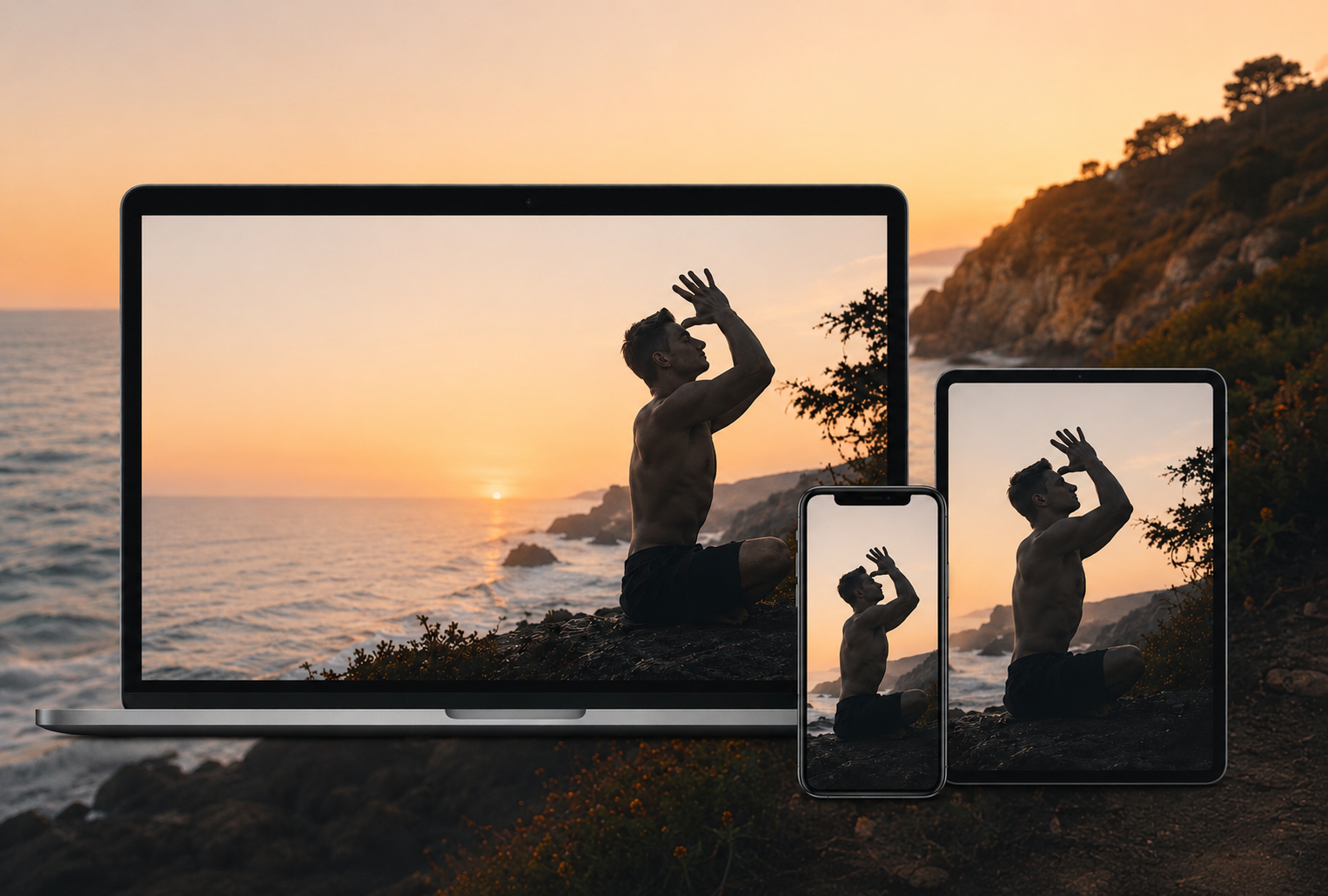 Various electronic devices displaying a black and white image of Jake Ferree and Feeling Moved practicing yoga with a cityscape background.