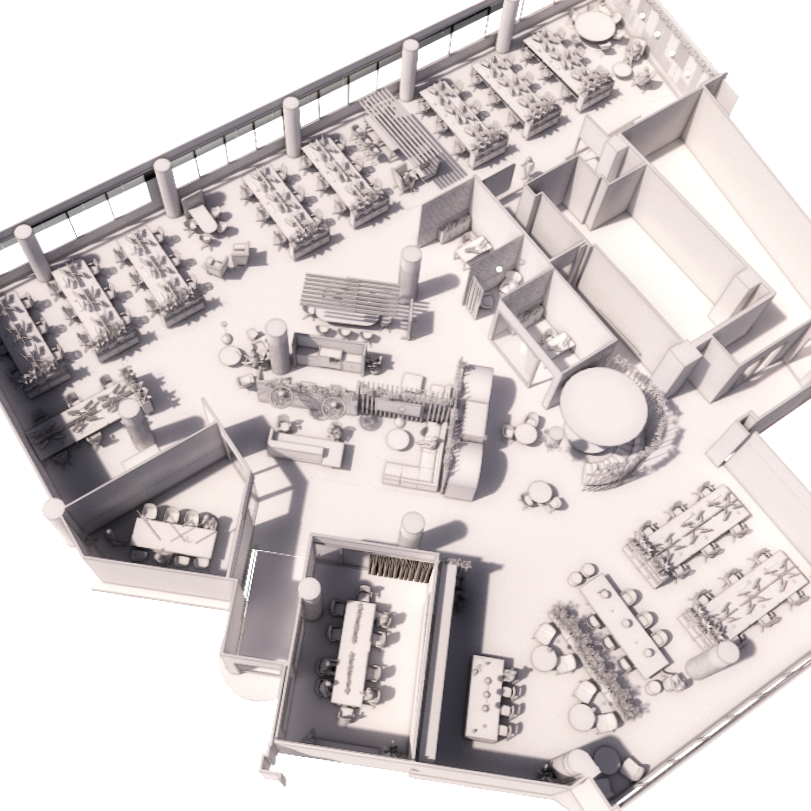 Black and white 3D architectural floor plan of a rooftop bar and lounge area with seating, tables, lounge chairs, a bar, and outdoor zones.