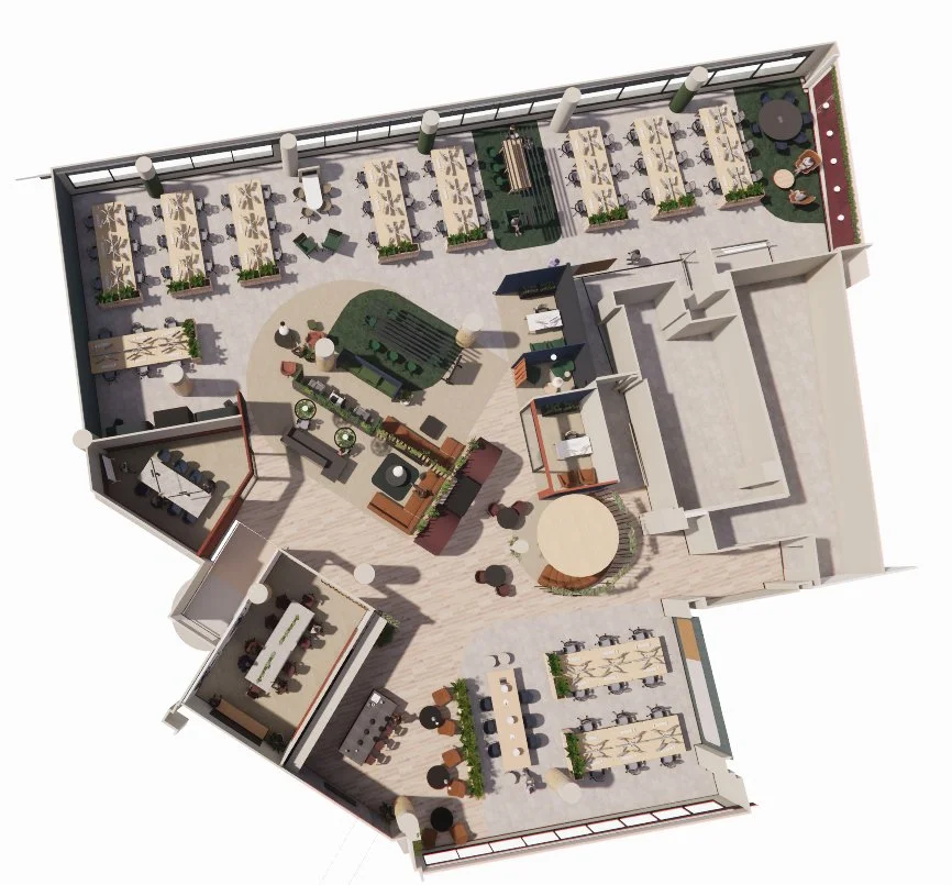 Top-down view of a rooftop restaurant and lounge with outdoor seating, tables, and green spaces.