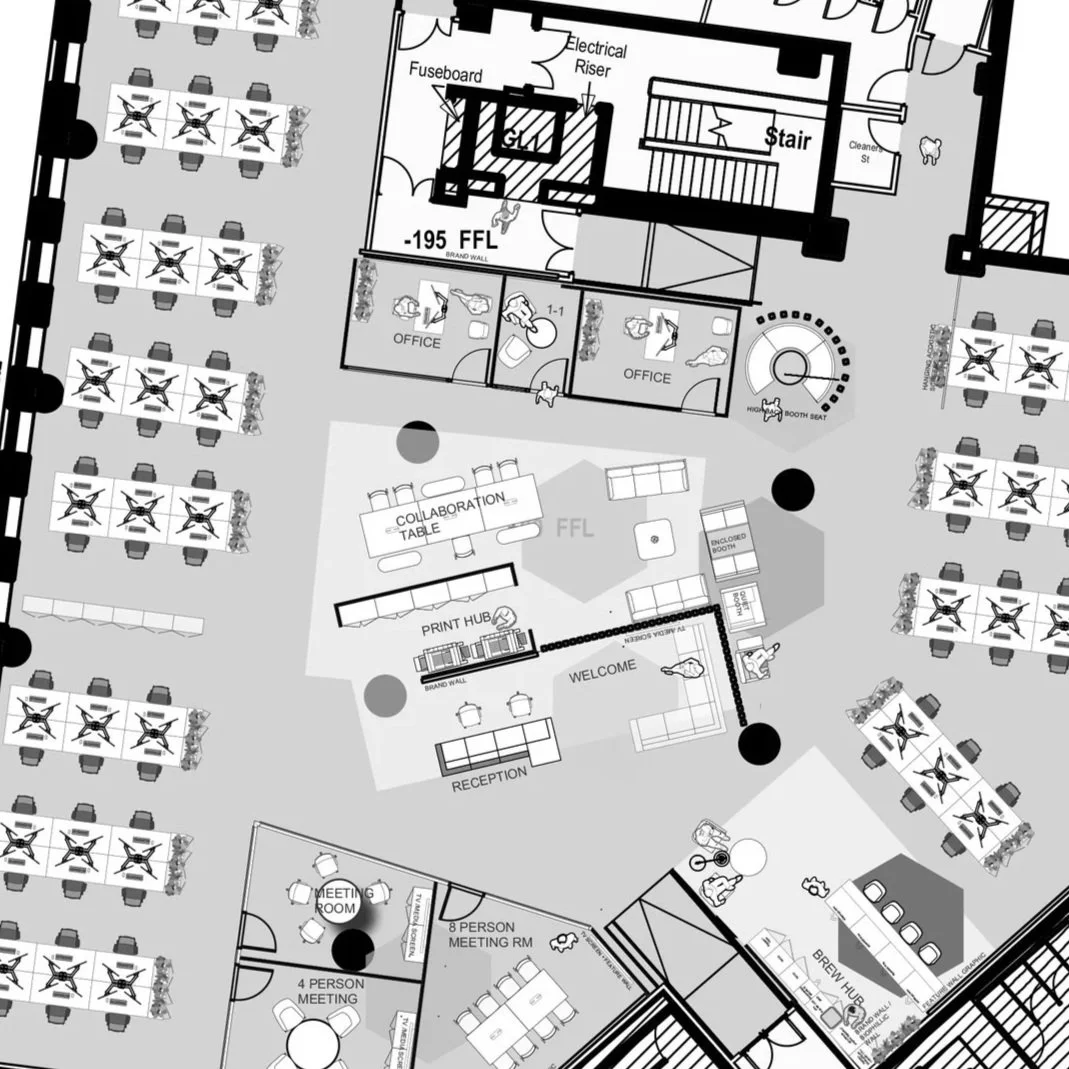 Floor plan of an office with designated areas including reception, collaboration table, print hub, meeting rooms for 4 and 8 persons, workstations, and an outdoor terrace.