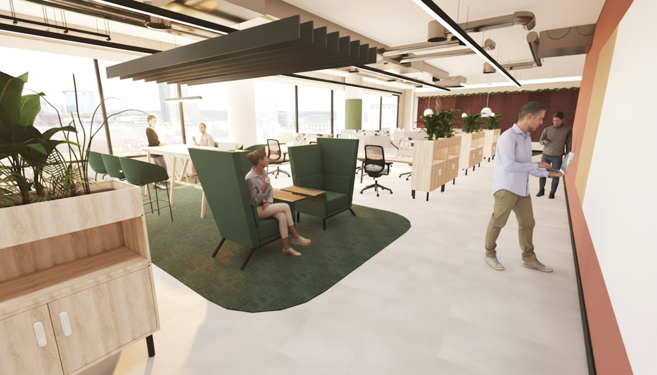 Modern, open-plan office with large windows, green chairs, wooden partitions, plants, and people working or talking.